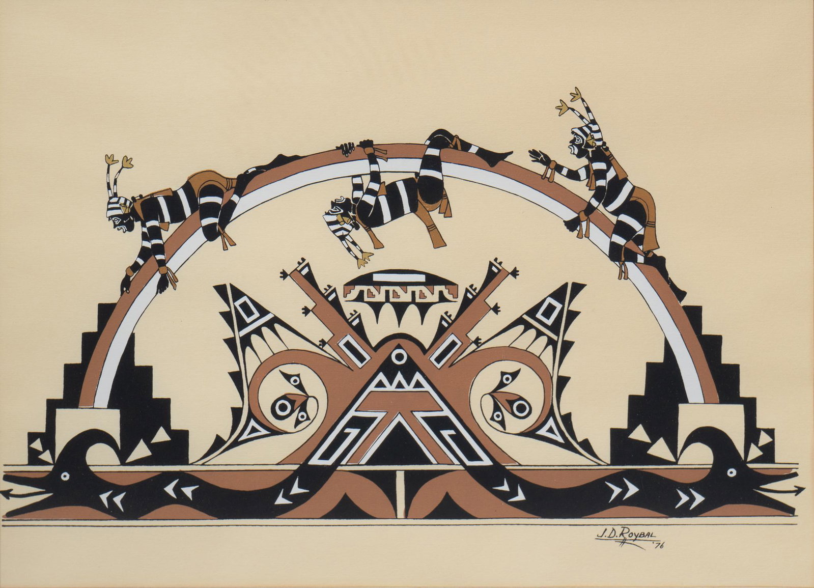 Jose D. (Oquwa) Roybal, Untitled (Koshares at Play): Jose D. (Oquwa) Roybal (New Mexico, 1922-1978), Untitled (Koshares at Play), watercolor, sight: 11 x 15", frame: 15.5 x 21" Provenance: A Florissant, Colorado collection Jose D. (Oquwa, "Rain God") Ro