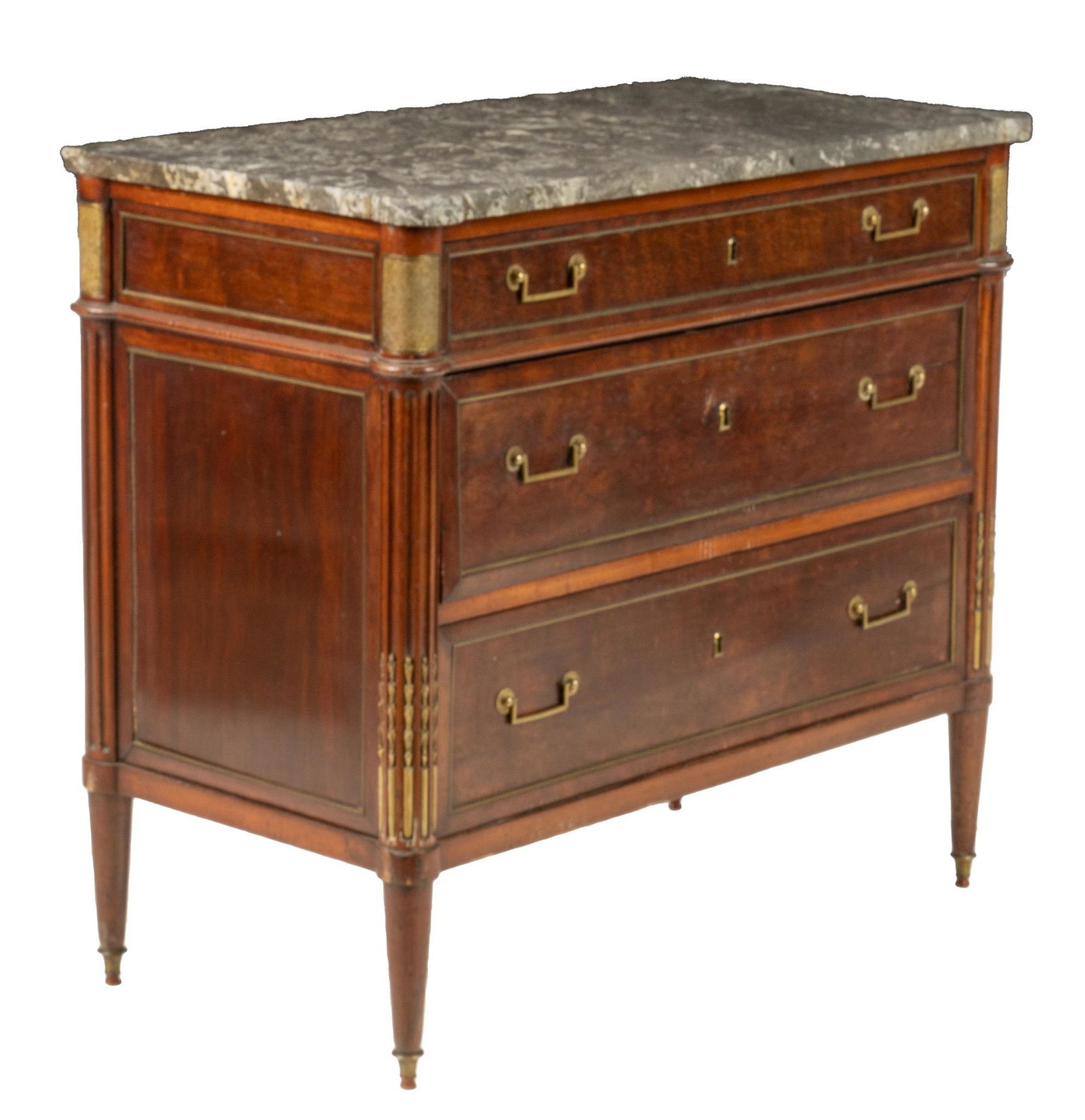 Louis XVI Style Marble Top Commode: Louis XVI style commode with a marble top, over three drawers, featuring gild accents, supported on tapered legs 35h x 38w x 20.5d We happily provide seamless shipping services on everything we sell