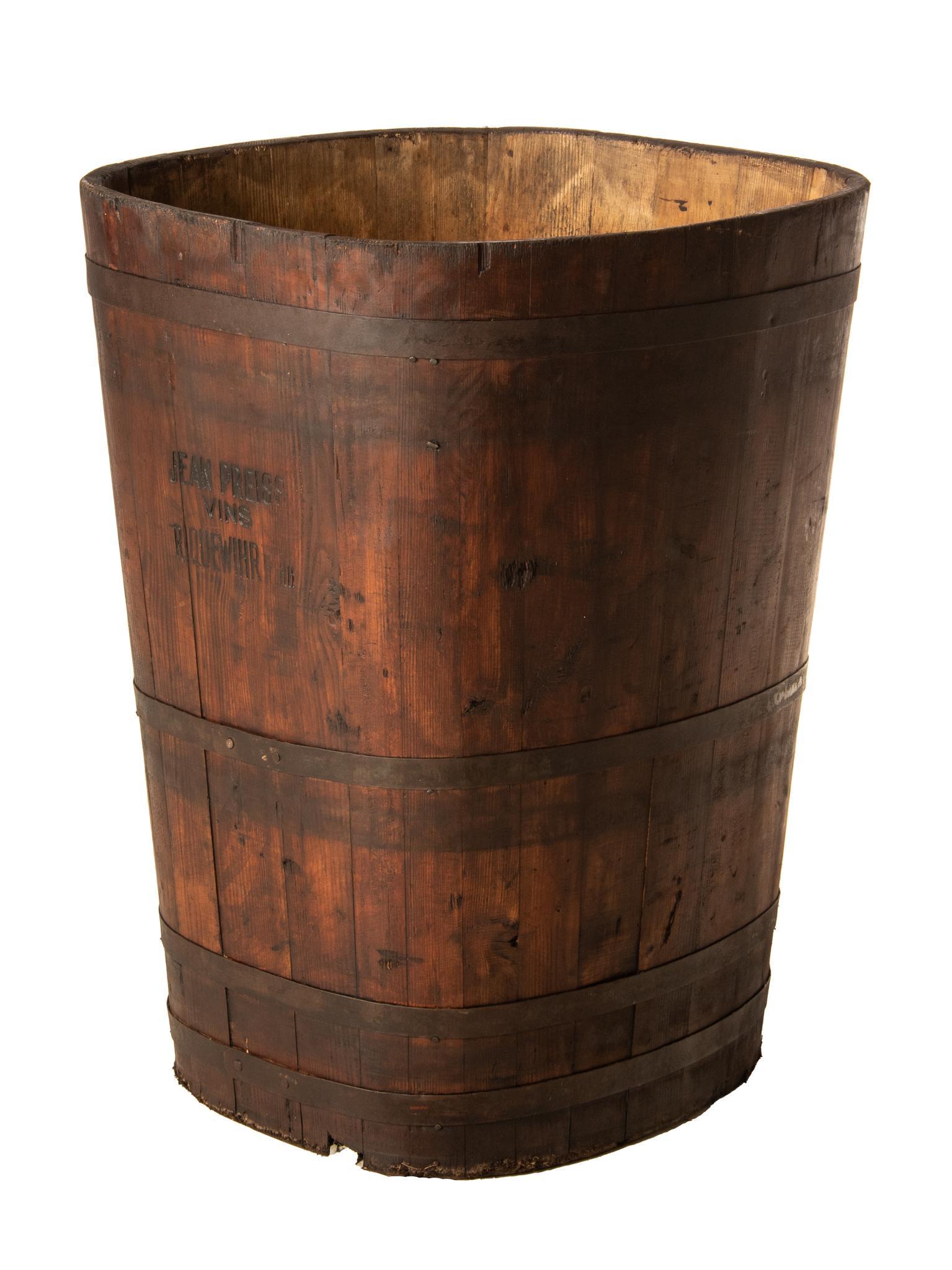 Jean Preiss Vins Oak Vat: Oak wine vat, marked Jean Preiss Vins Riquewihr HtRH on two sides 35h x 28.5w x 24d We happily provide seamless shipping services on everything we sell. Please email us at shipping@vogtauction.com or 