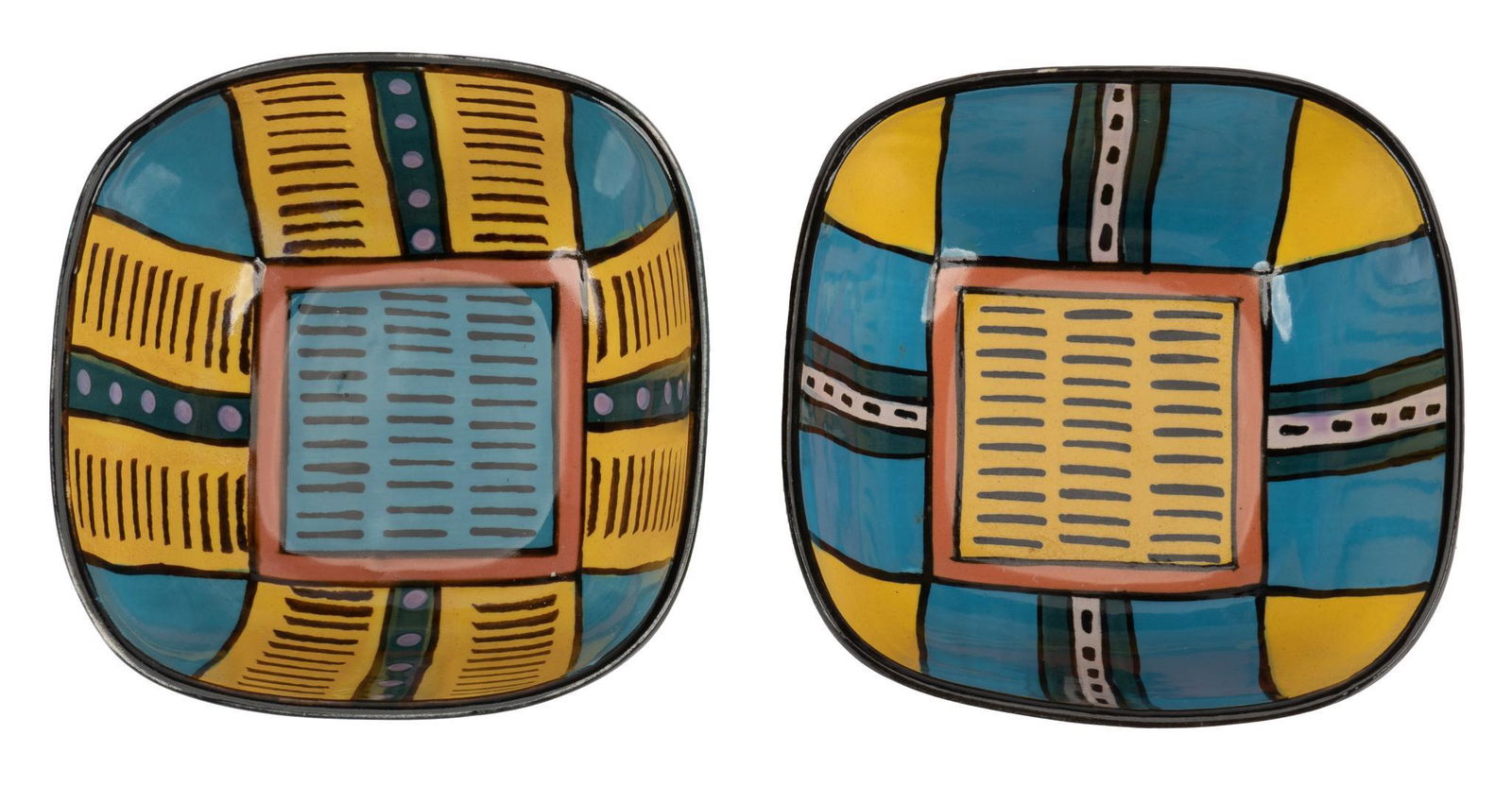 Dorothy Hafner (b. 1952, CN), Pair of Porcelain Dishes: Dorothy Hafner (b.1952, Connecticut), two slip cast porcelain bowls, featuring abstract polychrome glazing, signed, dated 1982 Dorothy Hafner is a ceramist, sculptor, painter, and designer, known pri