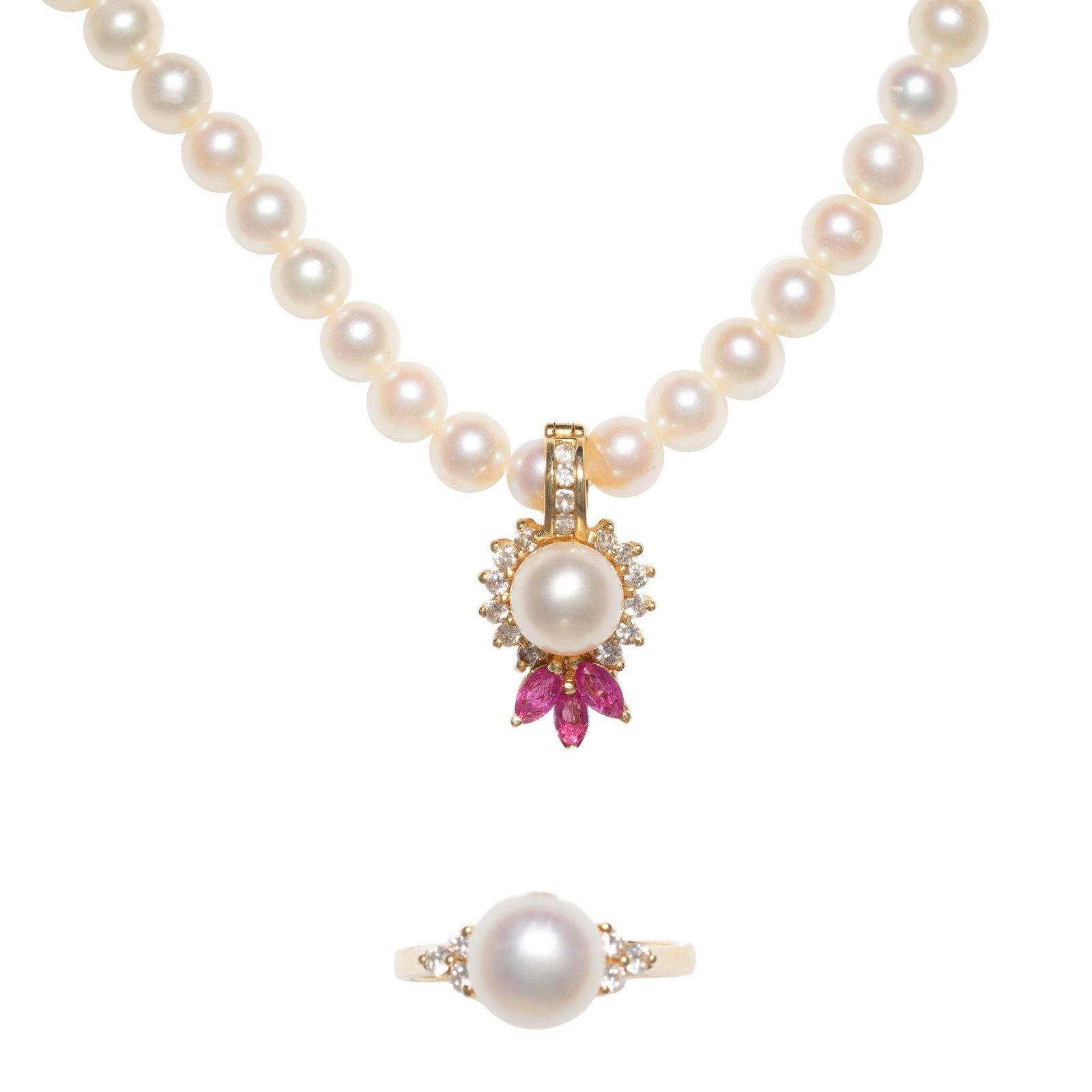 Akoya Pearl Necklace 14k Gold Ring & Ruby Enhancer (1 of 6)