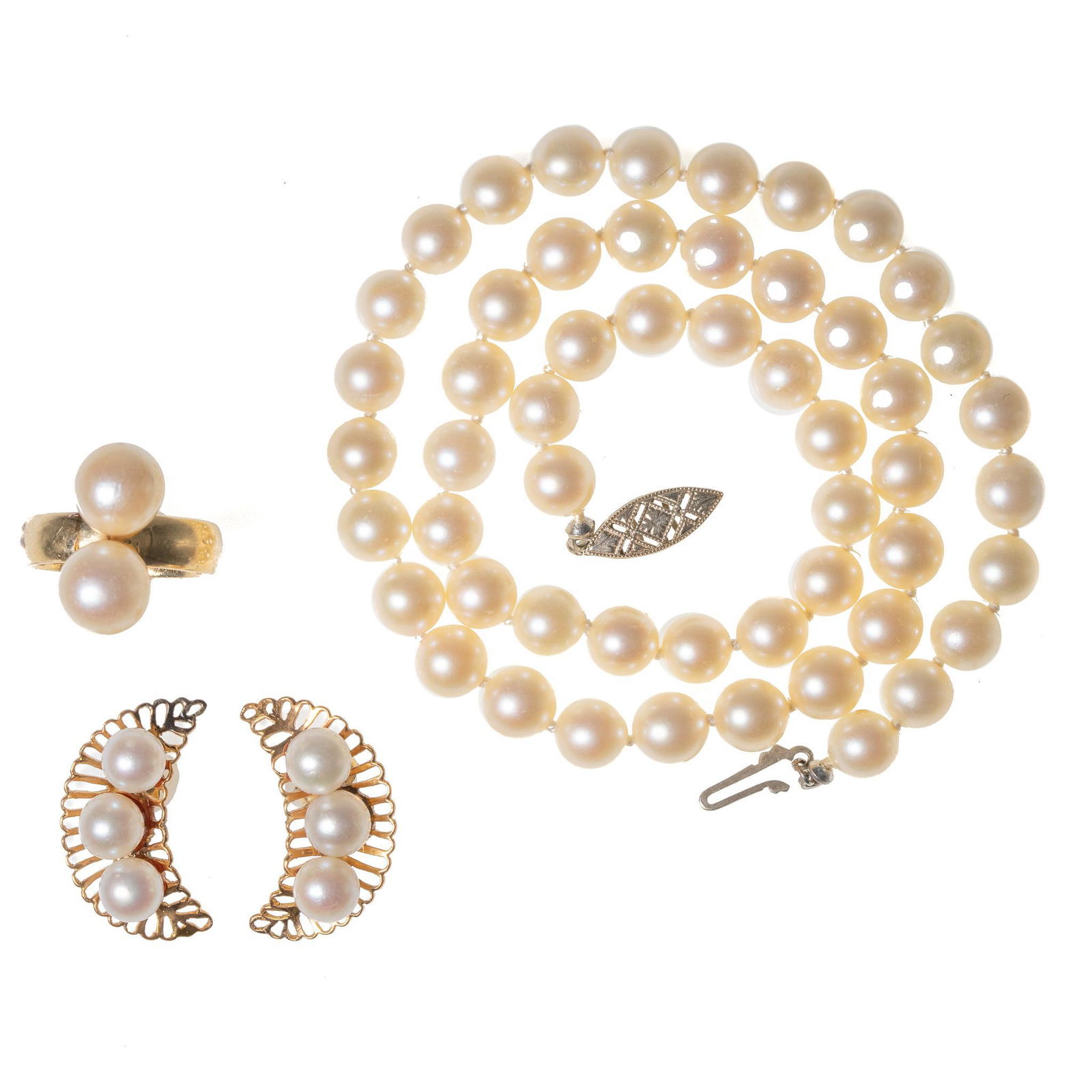 Akoya Pearl Necklace 14k Gold Earrings & Ring (1 of 4)