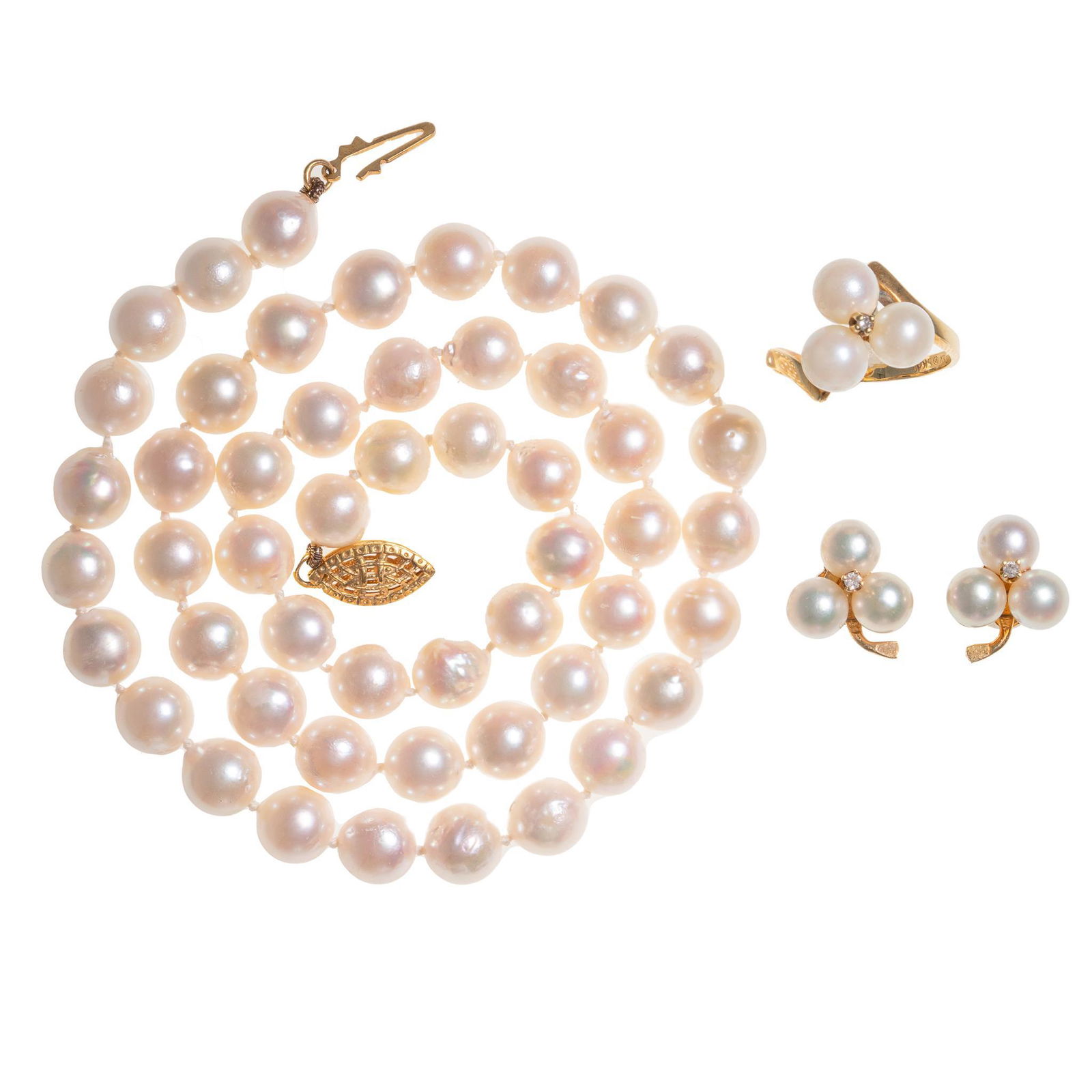 Akoya Pearl Necklace 14k Gold Shamrock Earrings & Ring (1 of 4)