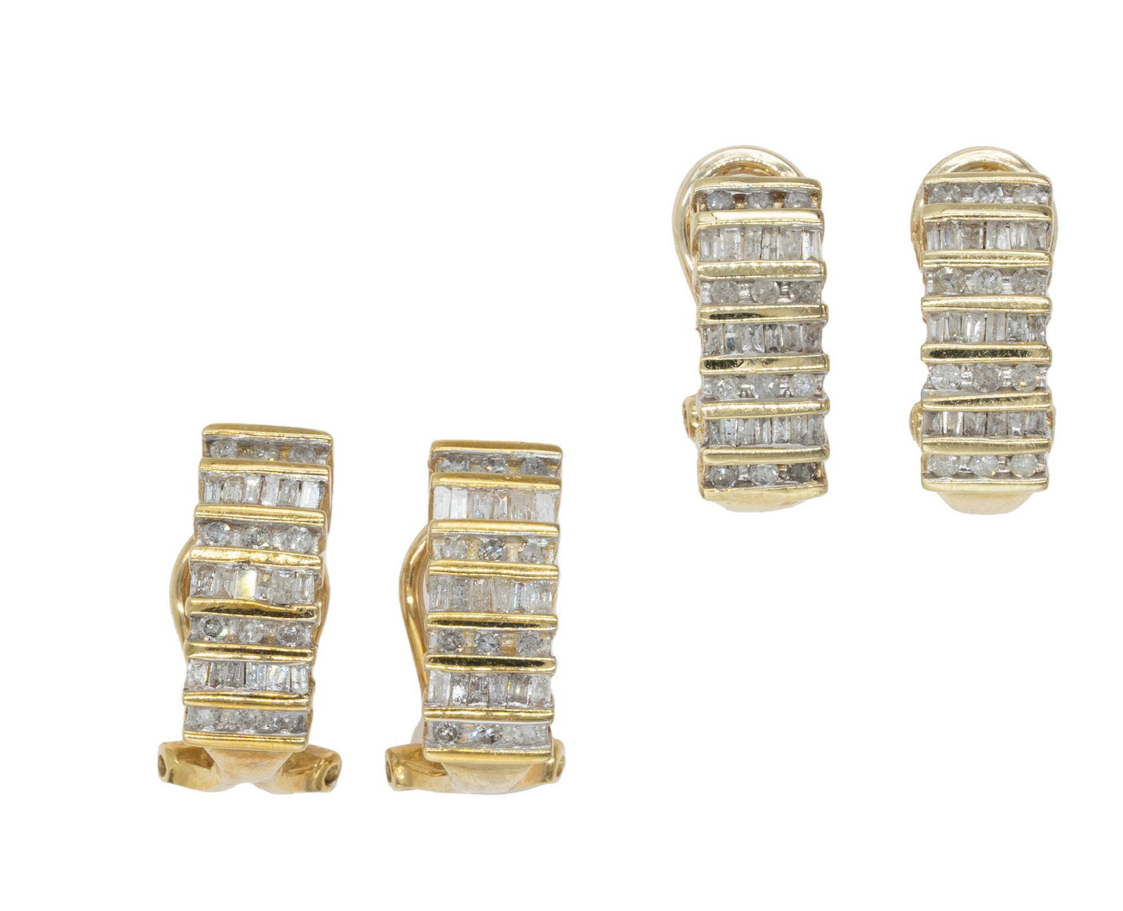Channel Set Diamonds 10k Gold French Clip Earrings Pair: Striate channel set diamonds 10k yellow gold French clip earrings. Lengths 5/8; total weight 7.5 grams Provenance: The Estate of Martha B. Averyt (San Antonio, Texas) We happily provide seamless sh