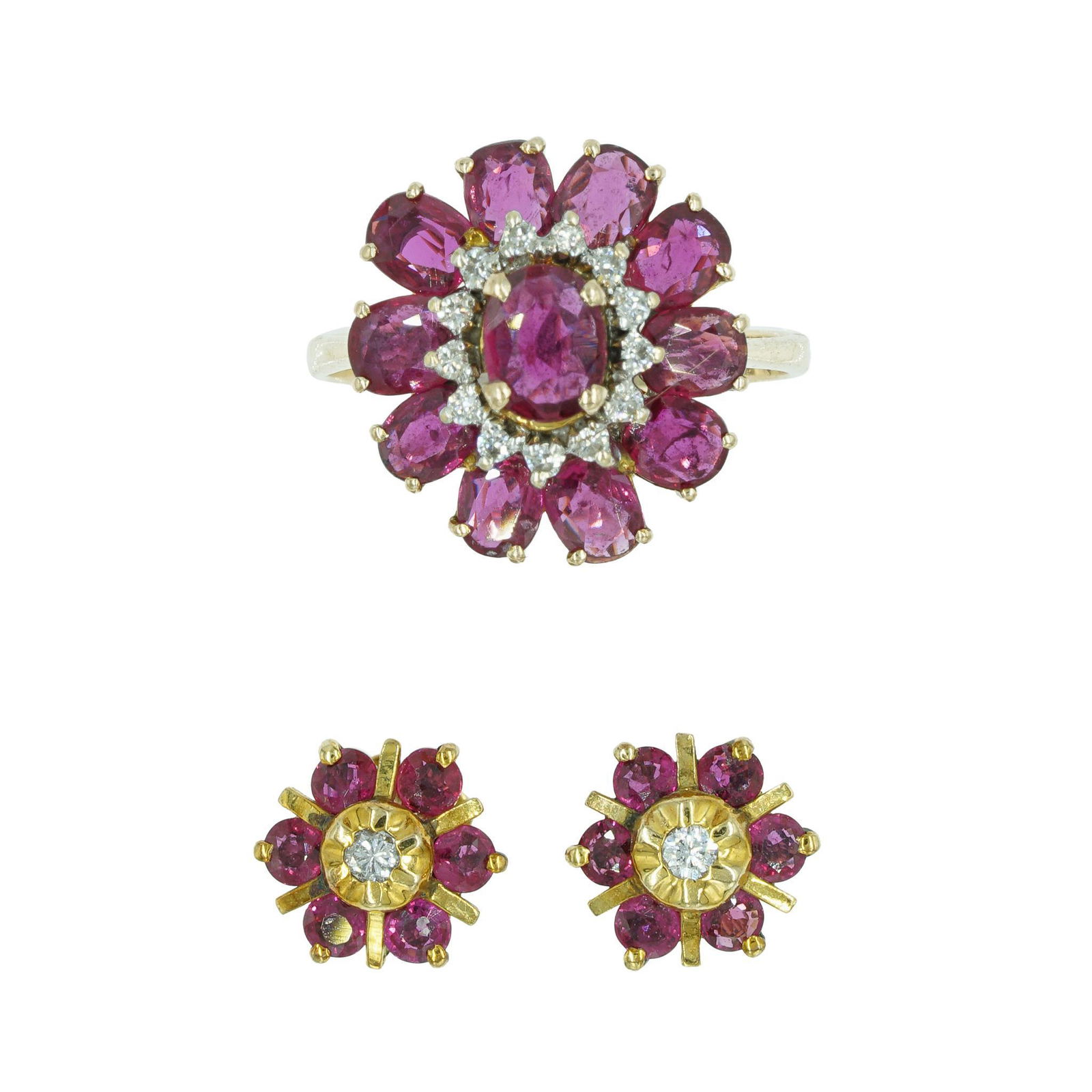 Ruby Diamond Flower14k Gold Ring & Earrings (1 of 4)