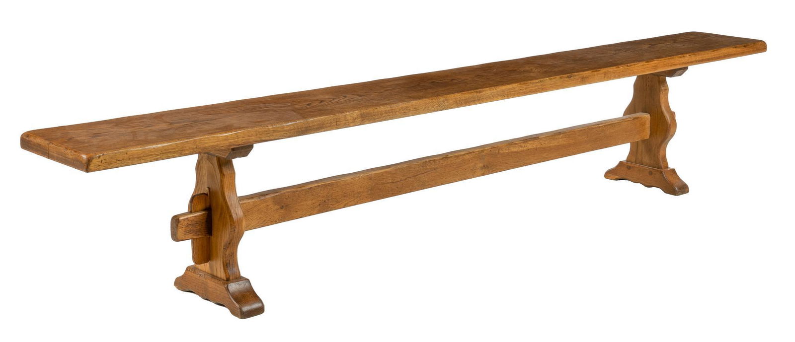 Oak Trestle Style Bench: Oak trestle-style bench supported on two stretchered legs 18h x 98w x 11.5d Matching table to be sold separately at auction. We happily provide seamless shipping services on everything we sell. Ple