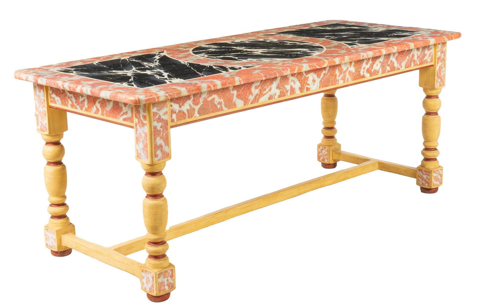 French Style Dining Table: French style dining table, featuring marbled epoxy top with geometric black accents, supported on turned stretchered legs, ending in bun feet 31h x 78w x 32d We happily provide seamless shipping ser