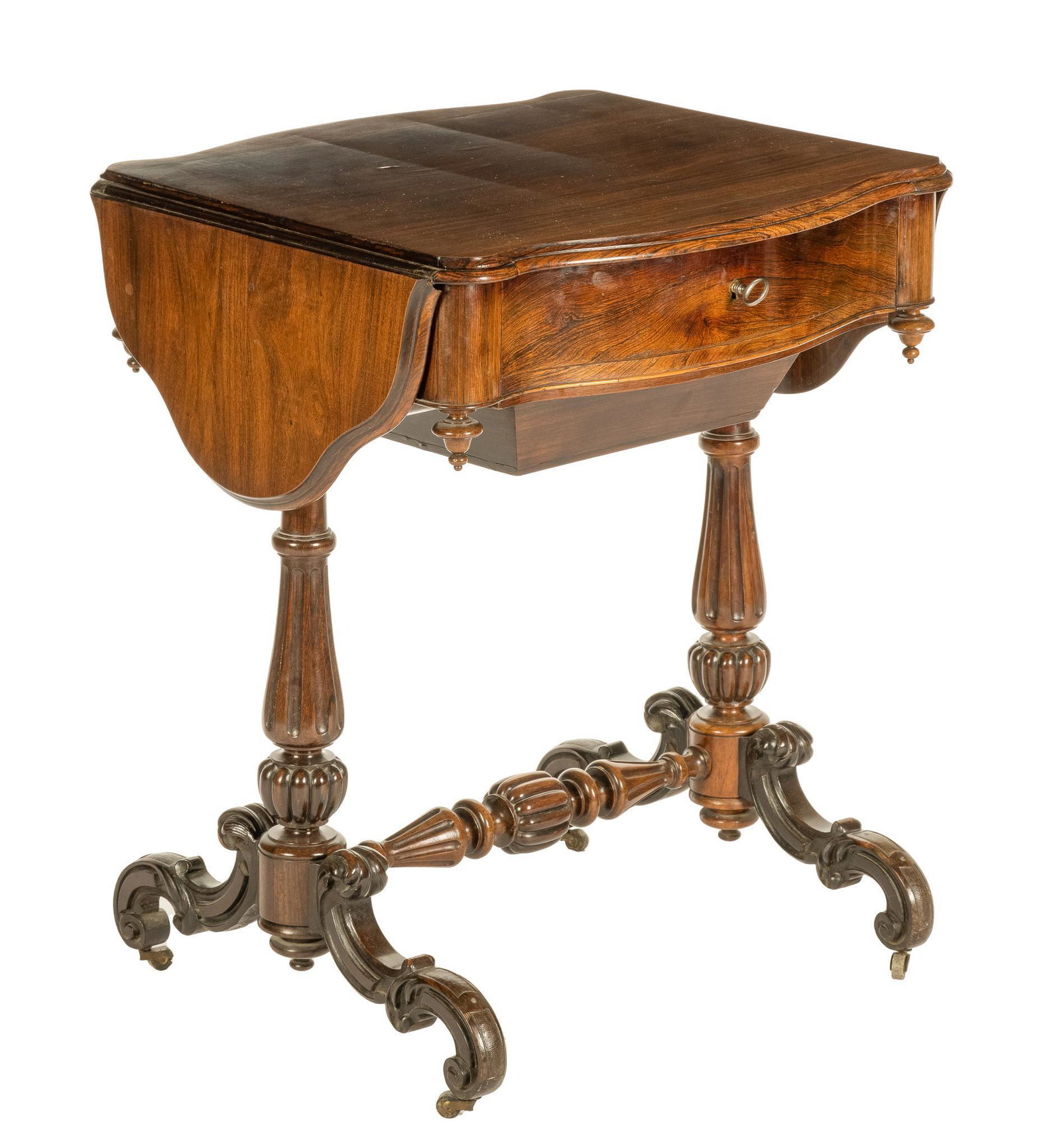 Napoleon II period Sewing Table: Napoleon II period travailleuse (worker) / sewing table, with front and back serpentine edged table top opening to an interior with divided storage compartments and mirror, having below a removable st