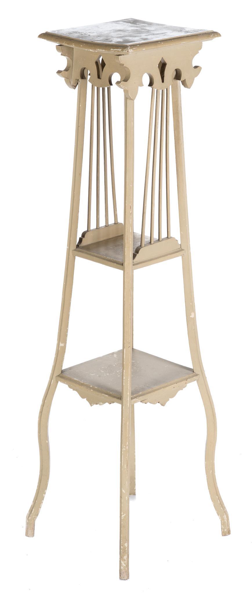 Art Nouveau Jardiniere Stand: Art Nouveau beech jardiniere stand. having a square top with lyre detailing and two shelves, supported on scrolled legs 45h x 13w x 13d We happily provide seamless shipping services on everything we s