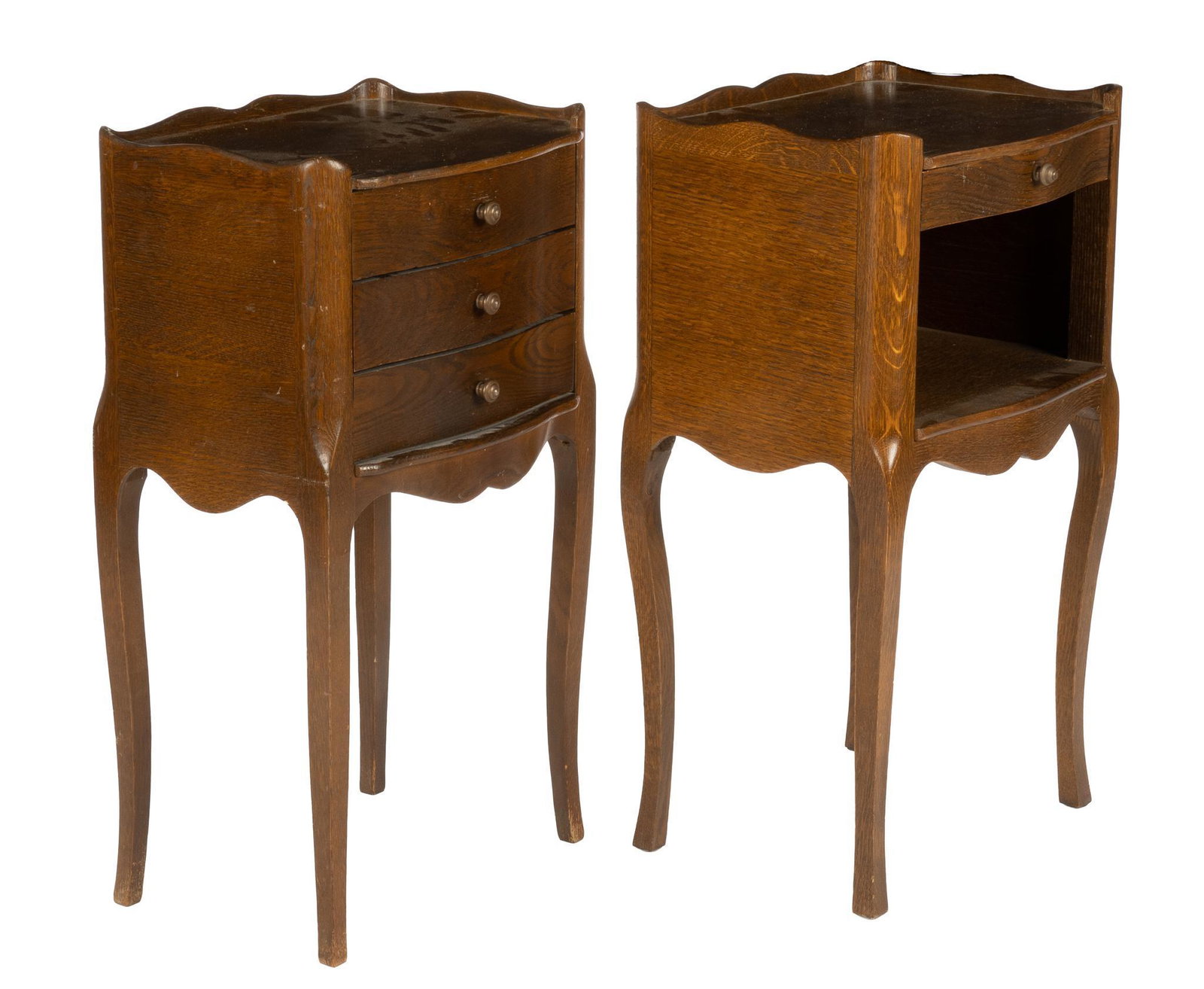 (2) Louis XV Style Nightstands: Two matching Louis XV style nightstands, with raised serpentine gallery, above three drawers, scalloped apron, rising on cabriole legs, marked Riskoff Style 26h x 15w x 12.5d We happily provide seamle