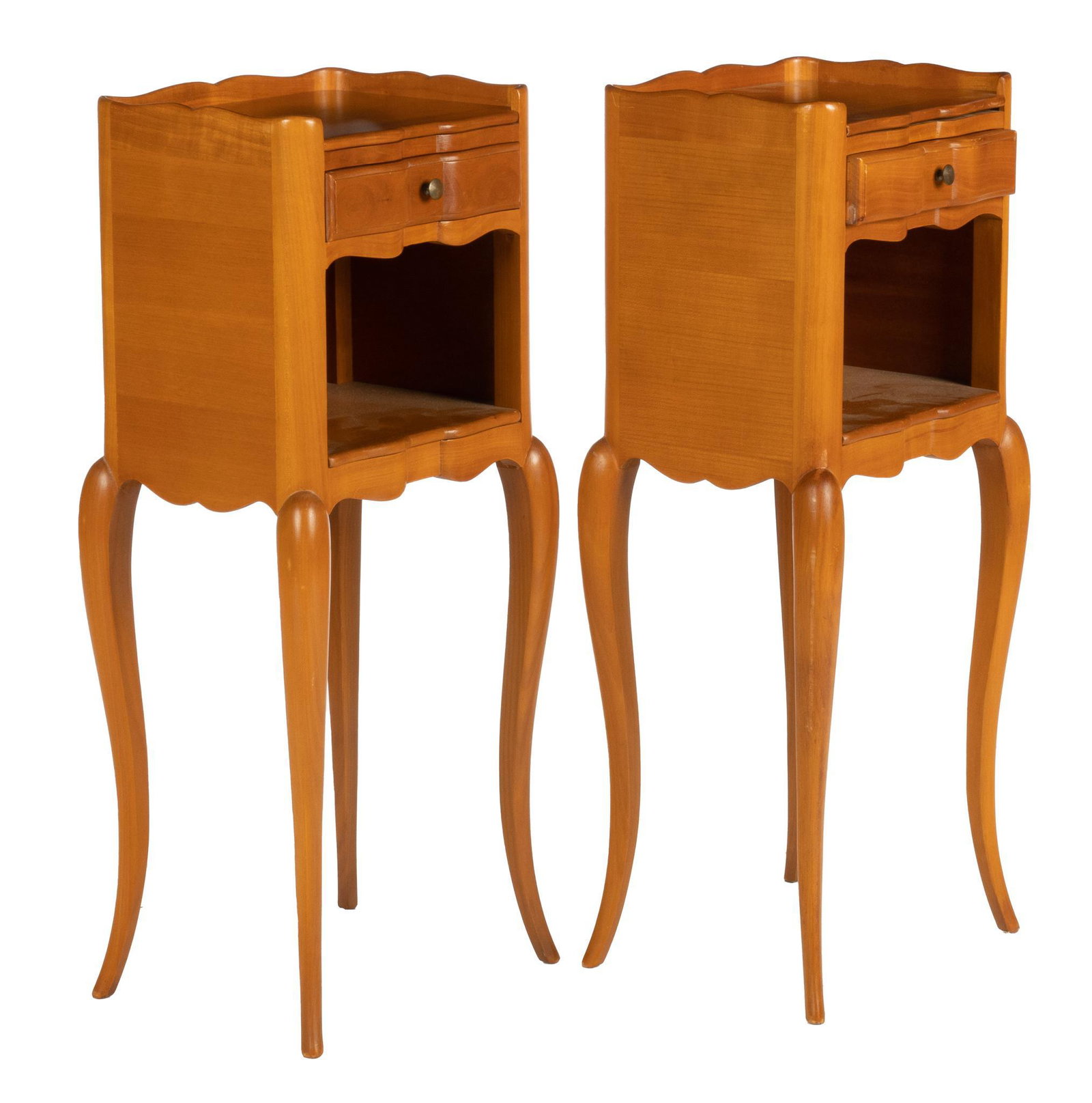Pair of Louis XV Style Nightstands: Pair of Louis XV style nightstands, with scalloped gallery, above drawer, open storage niche, scalloped apron, supported on cabriole legs 27.5h x 11w x 9d We happily provide seamless shipping services