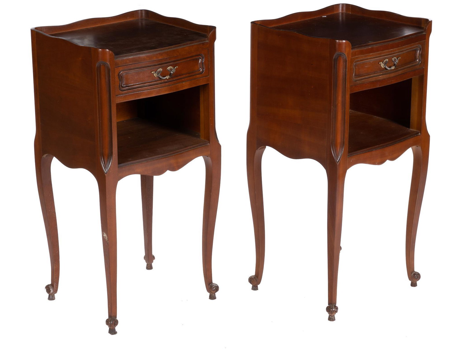 Pair of Louis XV Style Nightstands: Matching pair of Louis XV style fruitwood nightstands, both with serpentine top edges on sides and back, a single top drawer with a metal pull above an open storage niche, supported on cabriole legs 2