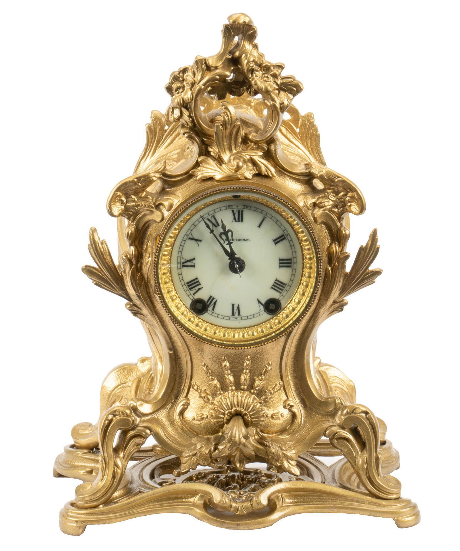 Seth Thomas Clock Co. Mantel Clock: Seth Thomas Clock Co. (Connecticut, USA) mantel clock, 8 day time and strike, heavily decorated case including floral motifs, glass door opens to clock face marked "Seth Thomas", back door ope
