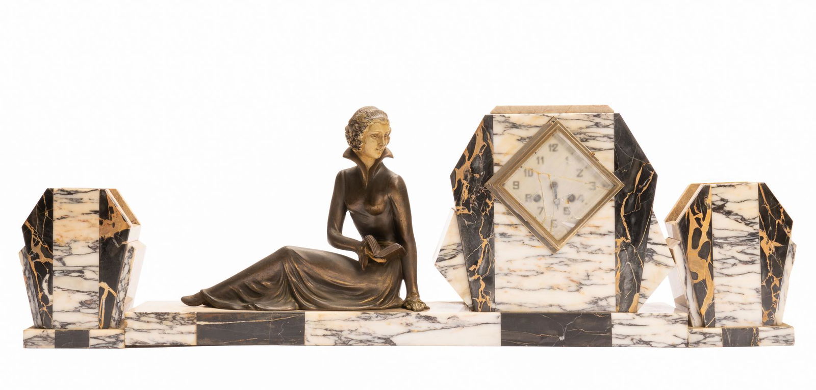 French Art Deco Marble Mantel Clock (3) Piece Set (1 of 7)