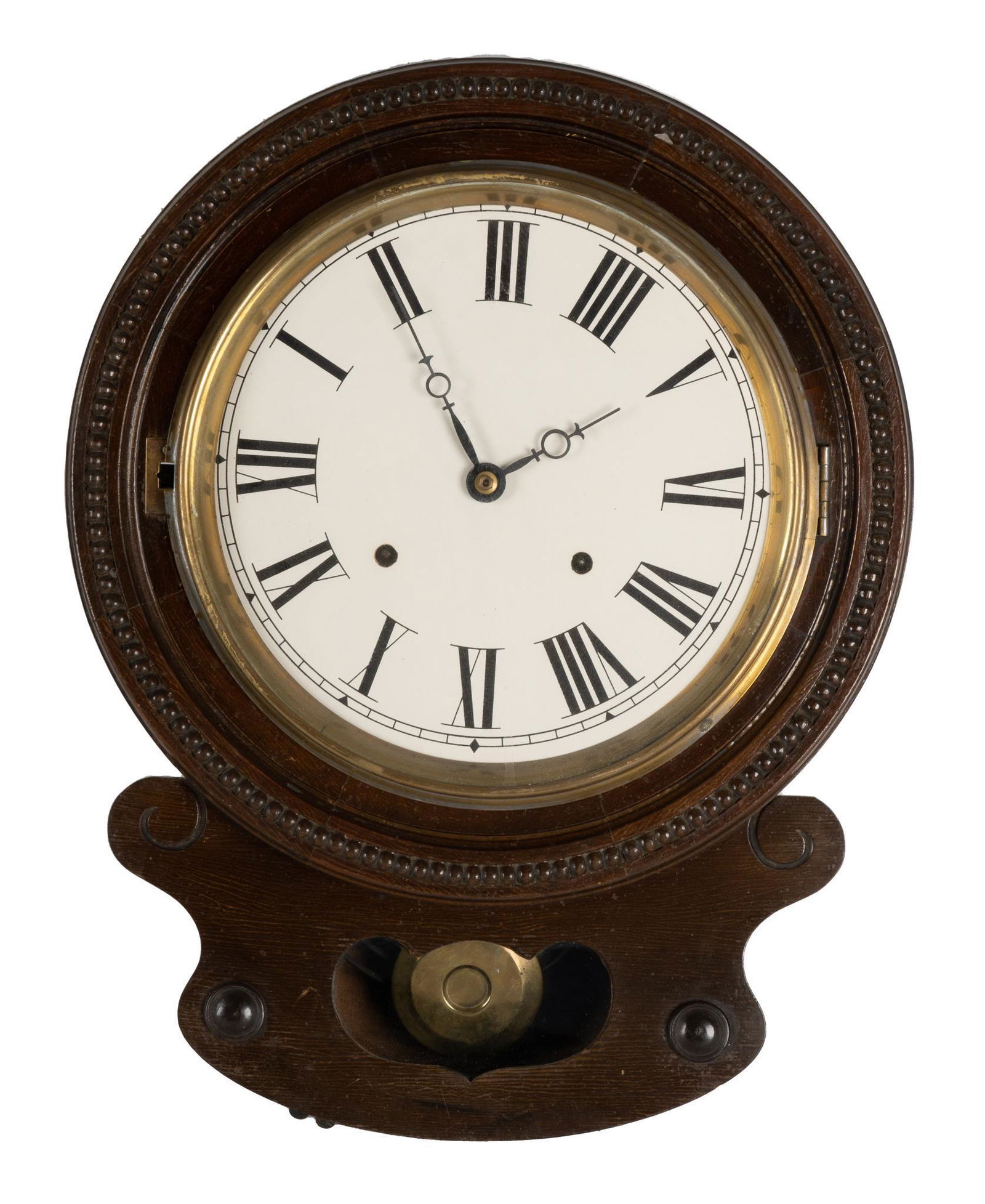 Tachimoto Clock Co. Wall Clock: Tachimoto Clock Co. (Japan) wall clock, 8 day time and strike, glass door opens to clock face, underside door opens to pendulum and inside mechanisms, paper label on back titled "Standard Clock