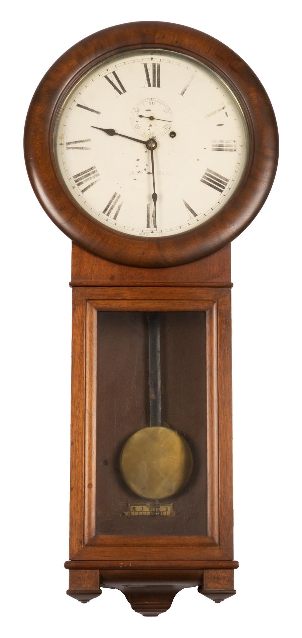 Seth Thomas Clock Co. #2 Regulator Wall Clock: Seth Thomas Clock Co. (Connecticut, USA) #2 Regulator wall clock, 8 day time only, weight driven, glass inset top door opens to clock face marked "Seth Thomas" and "Made in U.S.A.", bo