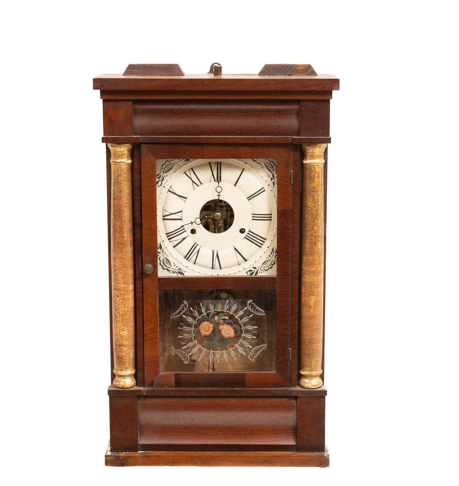 Seth Thomas Clock Co. "Plymouth Hollow" Shelf Clock: Seth Thomas Clock Co. (Connecticut, USA) "Plymouth Hollow" shelf clock, 30 hour weight driven movement, having mahogany case with two half columns that flank glass hinged door that opens to di