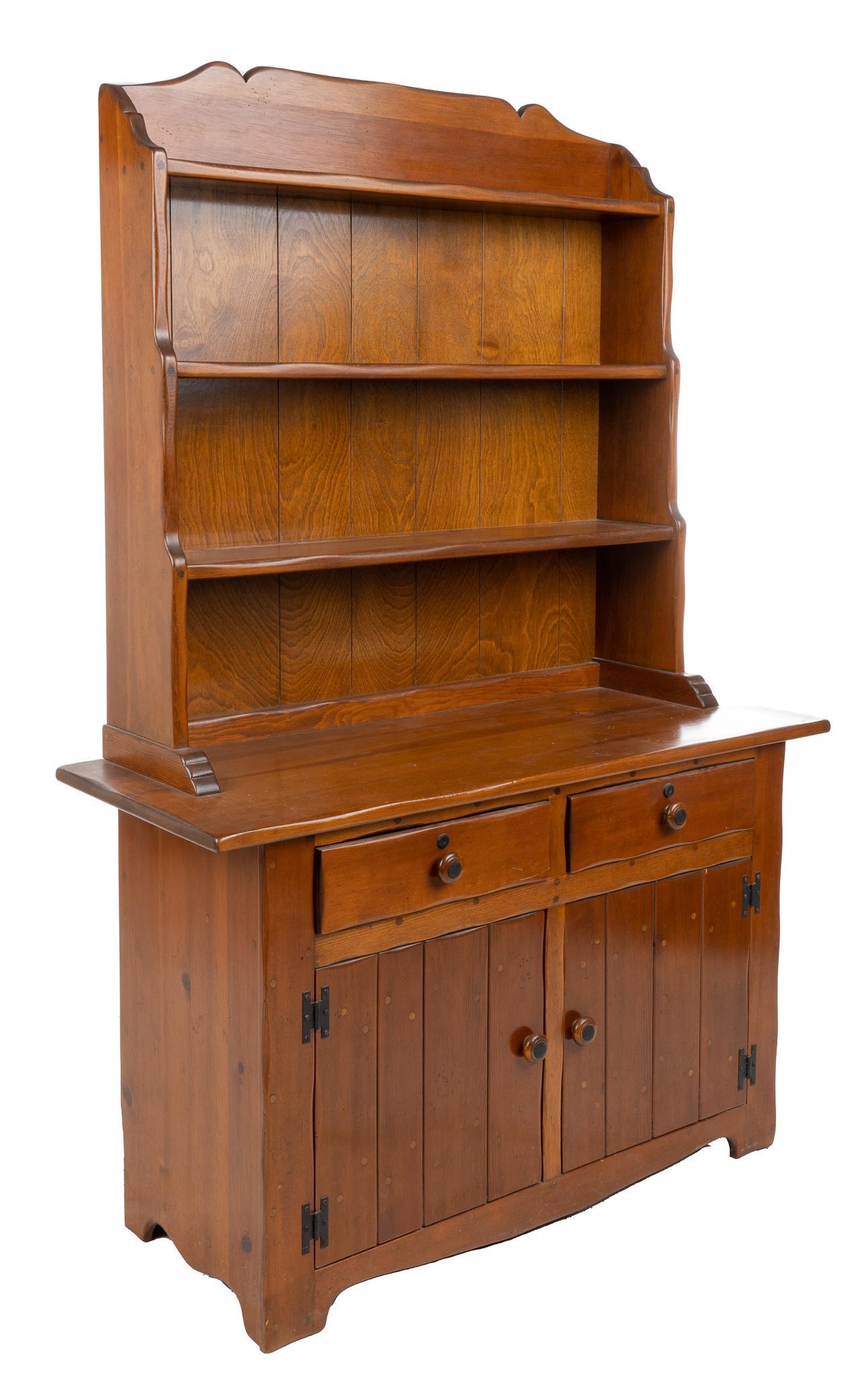 W.R. Dallas (San Antonio, Texas) Step-Back Hutch: W.R Dallas (San Antonio, Texas) step-back hutch, with three open shelves, supported on counter top, with beveled edge, over two drawers, plank cabinet doors, opening to shelf, supported on bracket fee