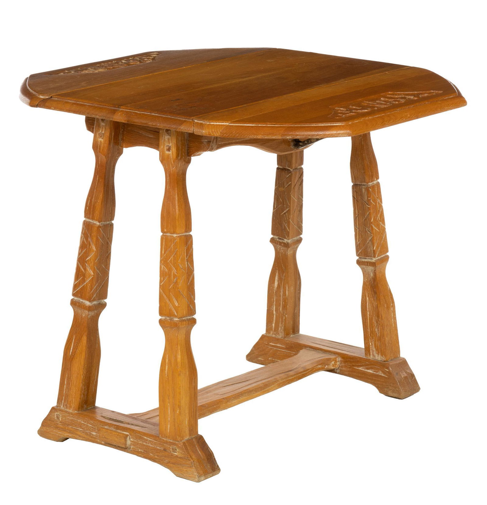 Vintage A. Brandt Ranch Oak Carved Cactus Drop Leaf Table: Vintage A. Brandt (Ft. Worth, Texas) Ranch Oak drop leaf table, having beveled top, with hinged leaves, featuring carved cactus motif, supported on carved and incised trestle legs, circa 1950 height