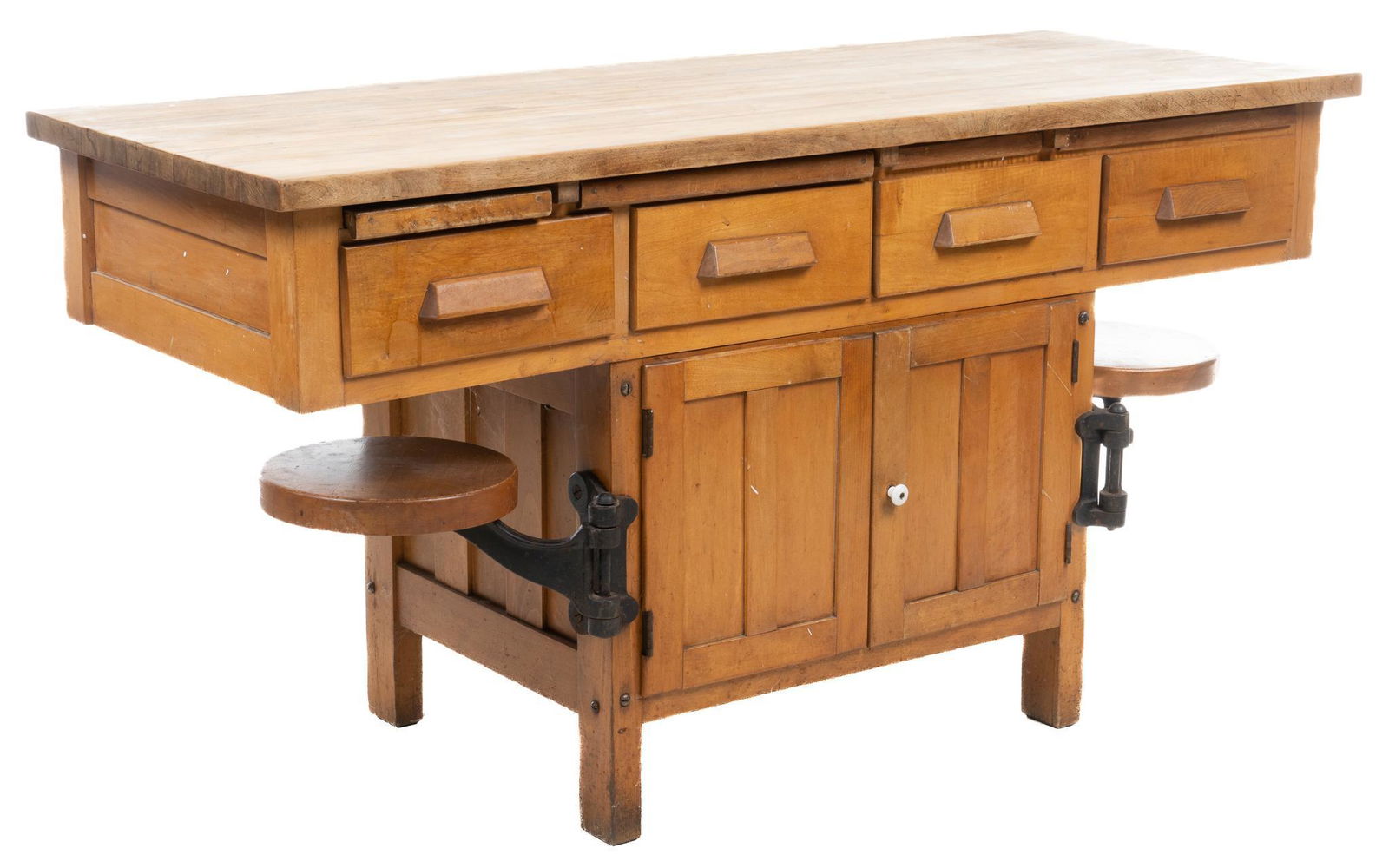 1920's Swing-out Seats Countertop: 1920's countertop, with pine frame, supporting multi plank top, slide out tablets, above cabinet doors, opening to interior storage, featuring swing-out stools height 31 in. x width 60 in. x dept