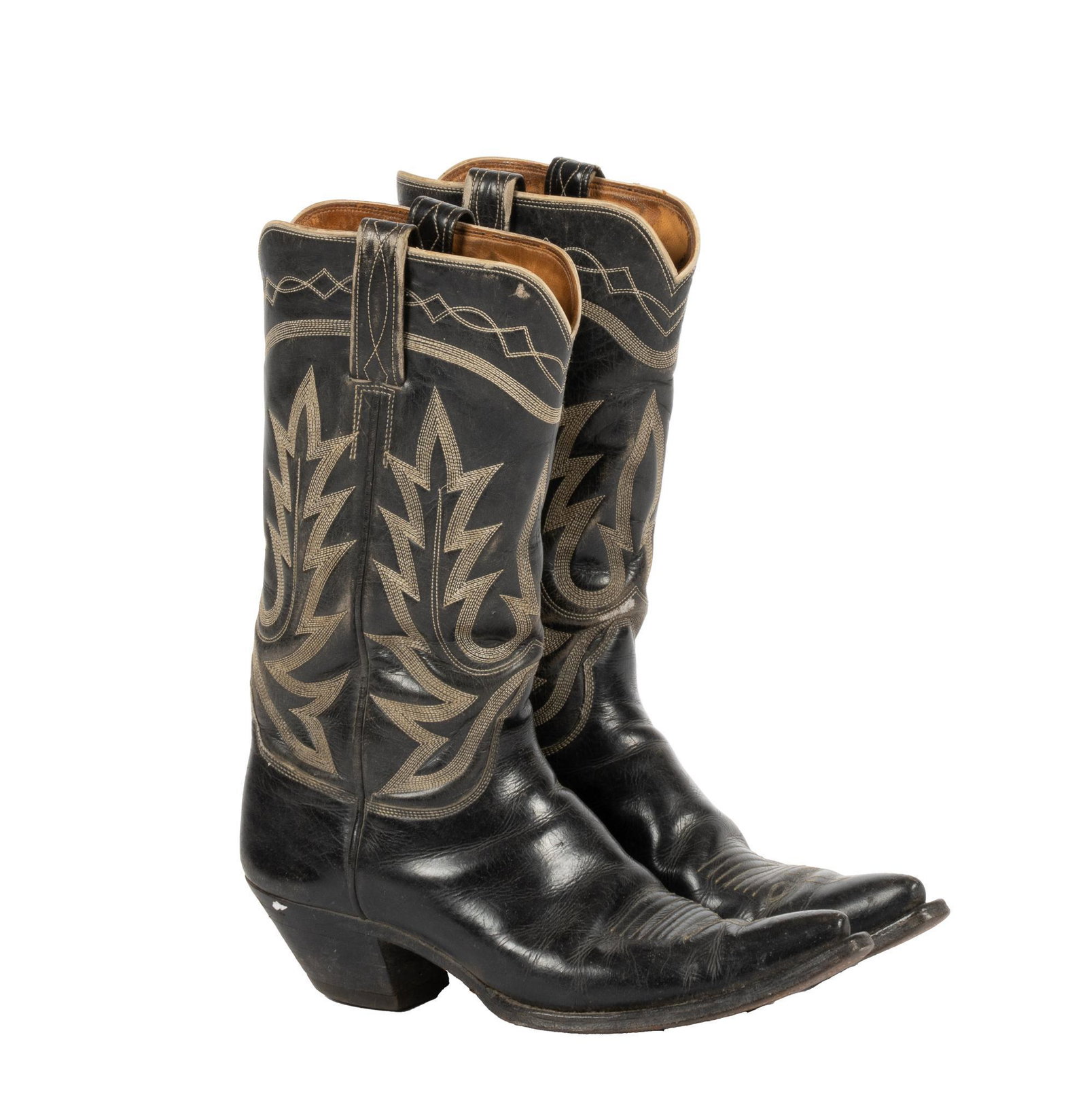 Black Cowboy Boots: Black leather cowboy boots with contrasting decorative stitching throughout height 14 in. x width 11 in. x depth 4 in. Provenance: A Rockport, Texas collection We happily provide seamless shipping ser