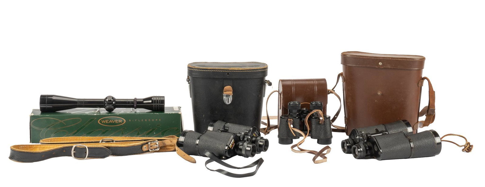 Collection of (3) Binoculars and (1) Rifle Scope: Collection of three binoculars with cases and straps, and one Weaver rifle scope with box packaging height 13 in. x width 2 in. x depth 2 in. / rifle scope Provenance: A Bulverde, Texas collection We 