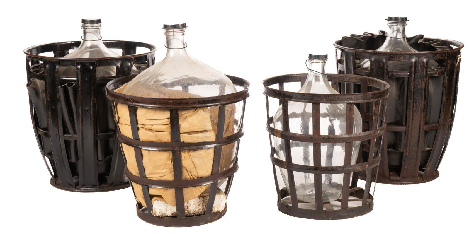 Set of (4) Hand-Blown Glass Carboys in Baskets (1 of 3)