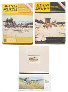 Paul Abram Jr., Horse-Drawn Stagecoach Watercolor & Literature (4): Paul Abram Jr. (Indiana, 1933-2005), horse-drawn watercolor & literature (4), watercolor on zig-zag cigarette rolling paper, to include two magazines and brochure supplements sight: 3 x 5 in. Pr