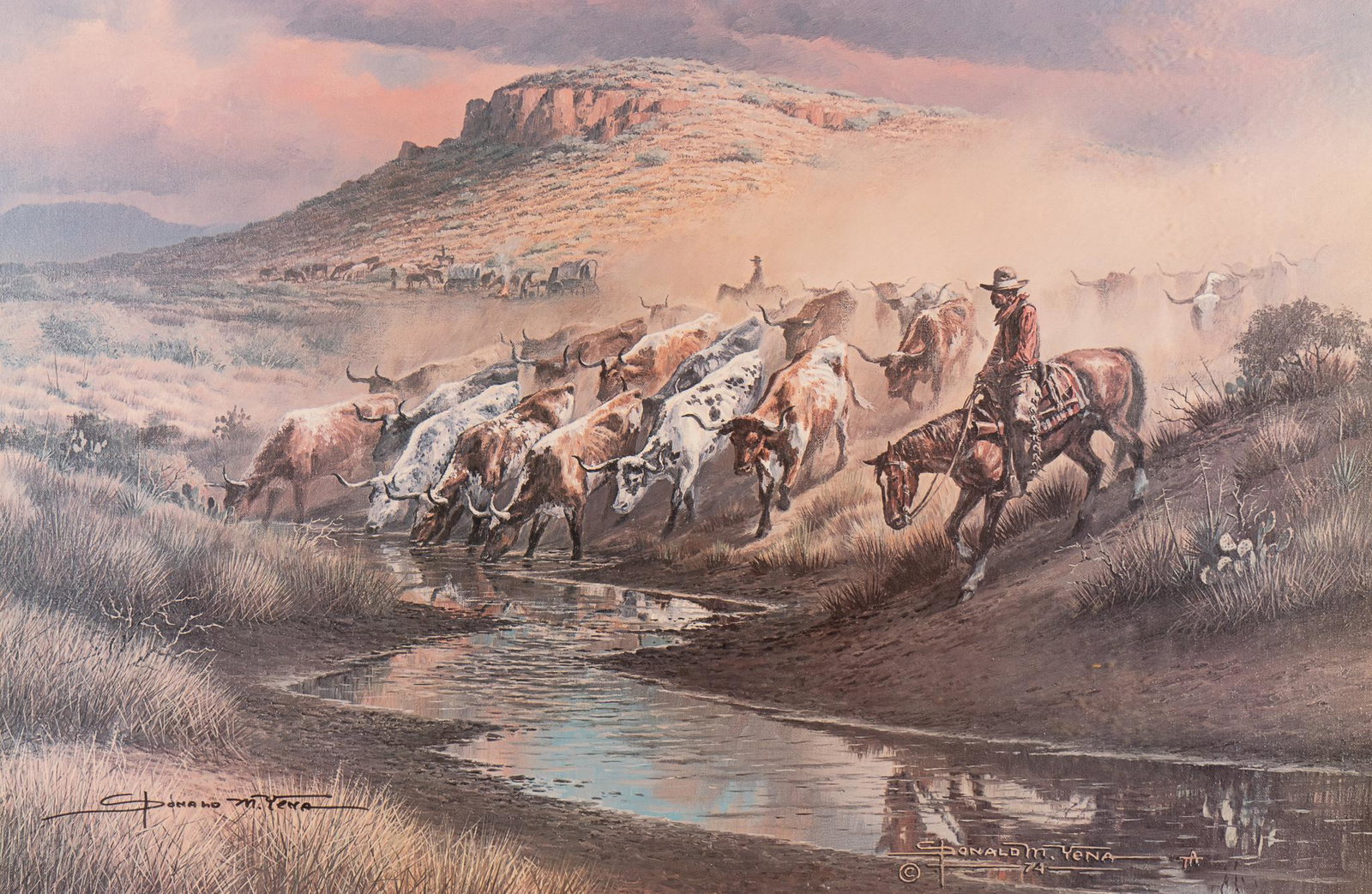 Donald Yena, "Trail Dust and Good Water": Donald Yena, "Trail Dust and Good Water", hand-signed offset lithograph image: 24 x 36 in., frame: 32 x 43 in. Provenance: An Alamo Heights, Texas collection We happily provide seamless shippi