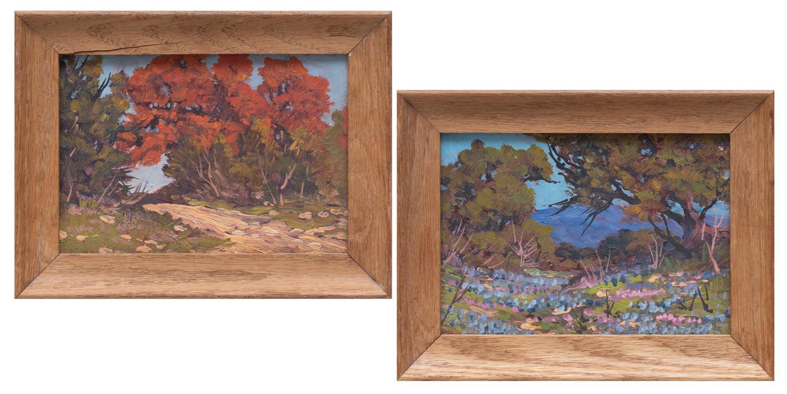 Gilbert Neumann, Pair of Texas Landscapes (2): Gilbert Neumann (San Antonio, Texas, 1906-1970), pair of Texas landscapes (2), oil on board sight: 5 x 7 in., frame: 6.5 x 8.5 in. Provenance: A Spring Branch, Texas collection Gilbert Neumann w