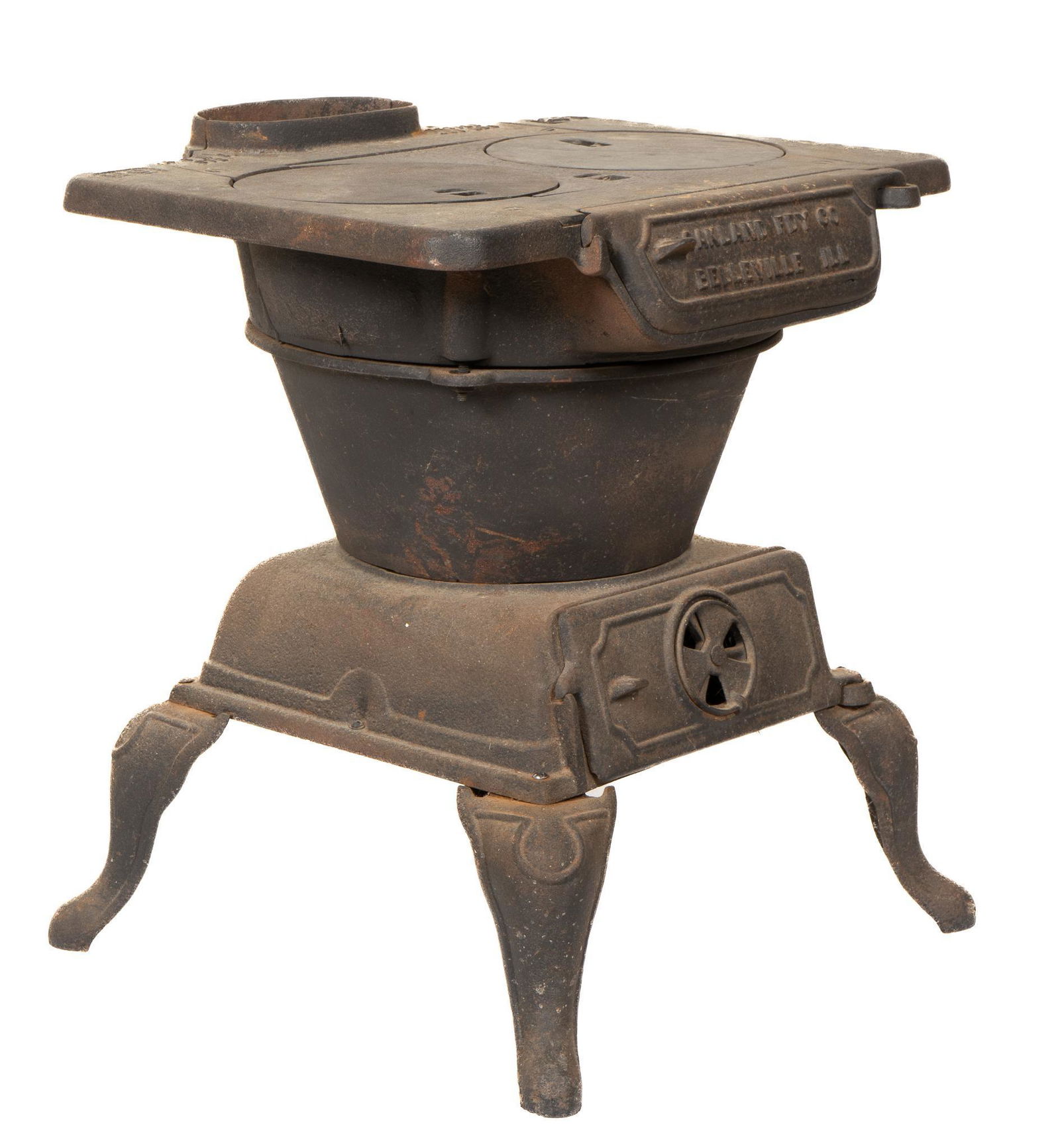 Cast Iron Stove: Antique cast iron stove, with two burners, stovetop marked No. 28B, "Tested 250 Ibs", supported on cabriole legs, front marked "Oakland FDY Co. / Belleville ILL." height 21.5 in. x w