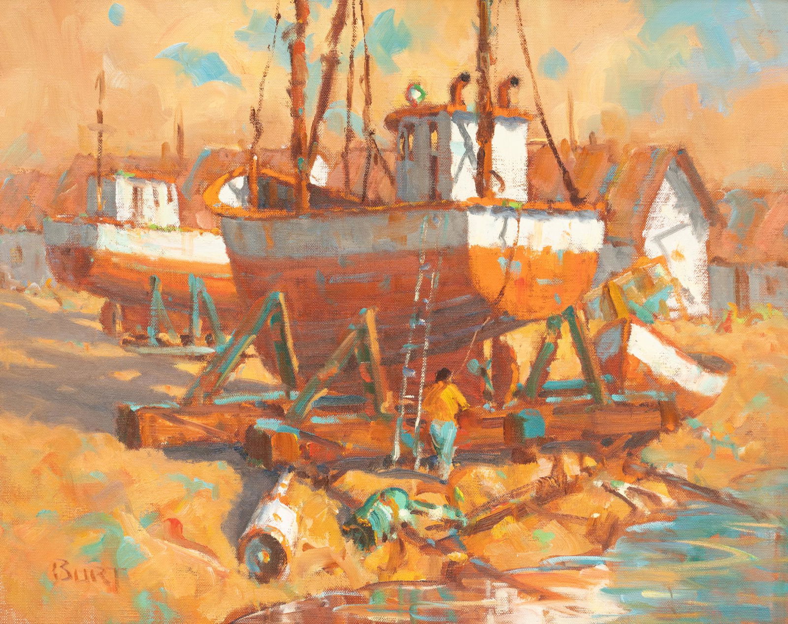 Dan Burt, Boats: Dan Burt (Kentucky/Kerrville, Texas, b. 1930), boats, oil on canvas sight: 16 x 20 in., frame: 22.5 x 26.5 in. Provenance: A San Antonio, Texas collection Dan Burt is known for his Modernist-leanin