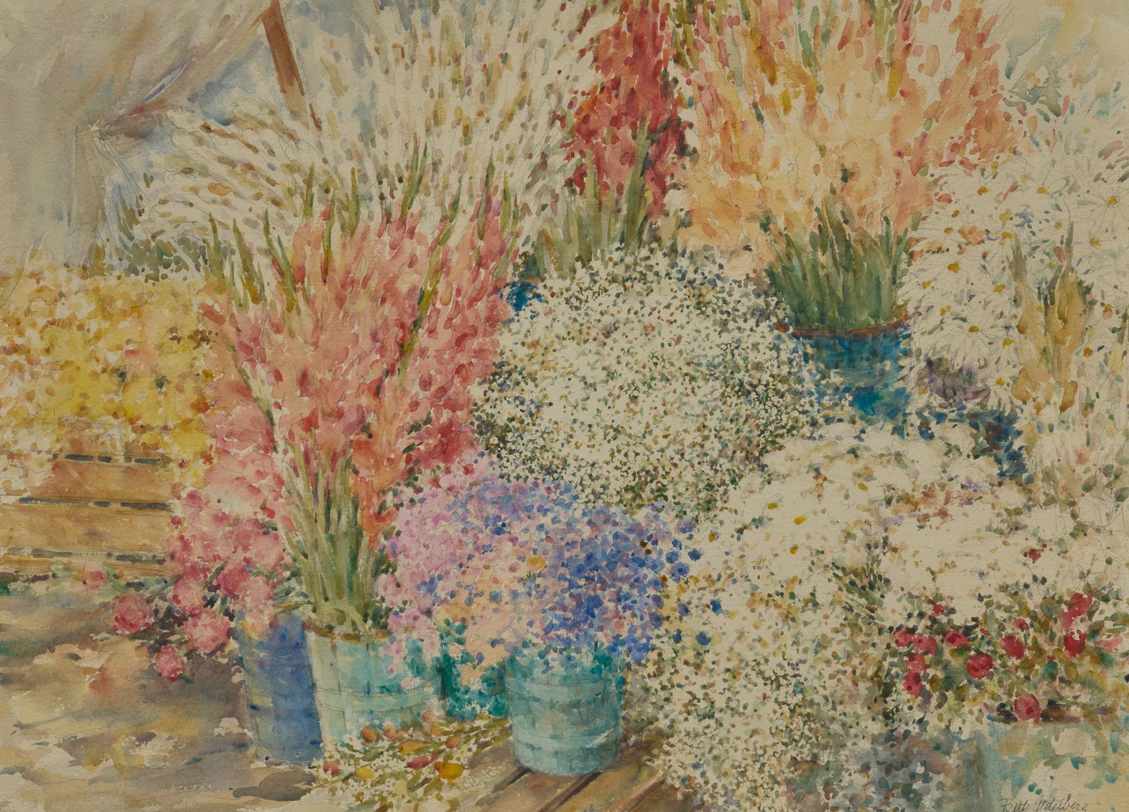 Beth Eidelberg, Flowers: Beth Eidelberg (Texas, 20/21st C.), flowers, watercolor sight: 21 x 29 in., frame: 31 x 39 in. Provenance: A San Antonio, Texas collection Beth Eidelberg is known for her beautiful and fresh watercolo