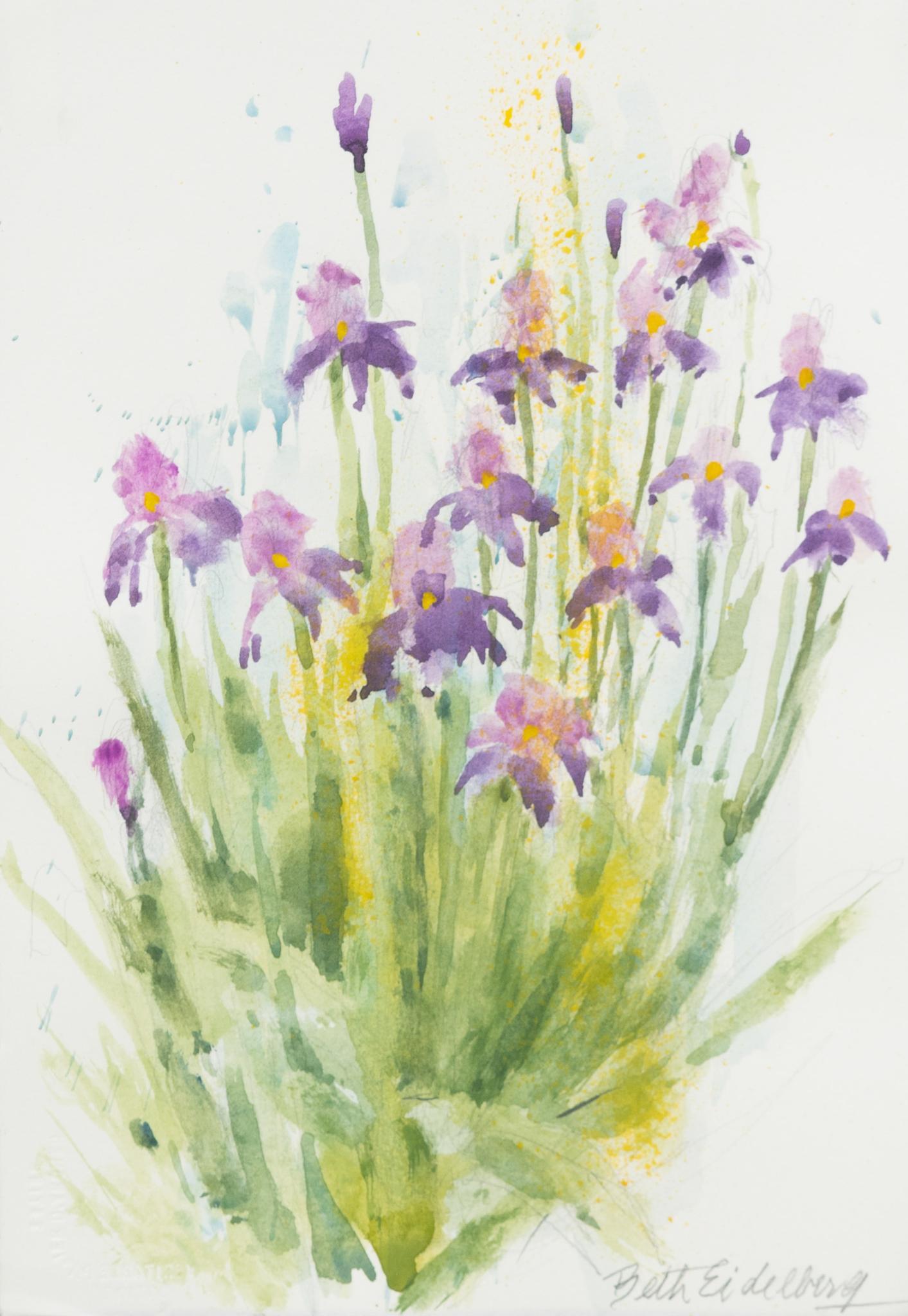 Beth Eidelberg, Irises: Beth Eidelberg (Texas, 20/21st C.), irises, watercolor image: 11 x 8 in., frame: 23 x 19 in. Provenance: A San Antoino, Texas collection Beth Eidelberg is known for her beautiful and fresh watercolors