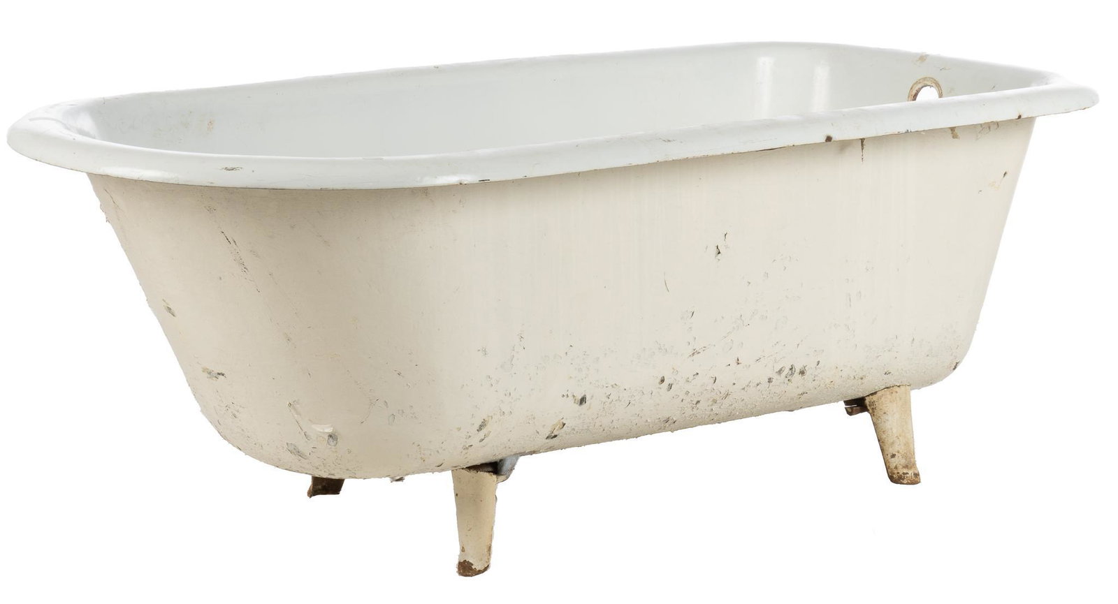 White Enameled Bathtub: White enameled bathtub, raised on four feet, a single drain hole at bottom and hole for faucet on one end height 24 in. x width 67 in. x depth 30 in. Condition: One broken foot needs repair We happily