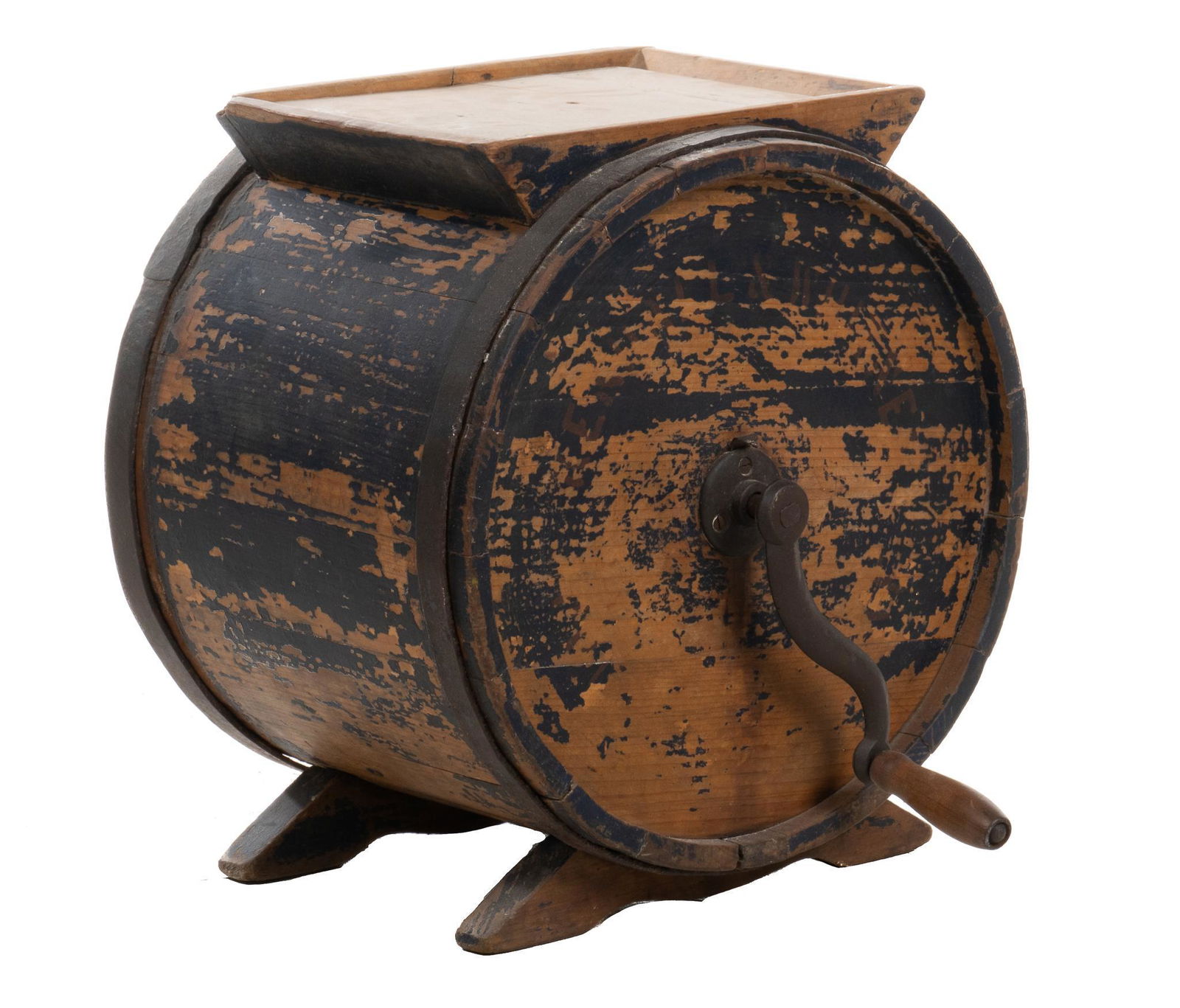 Kendall and Whitney Wooden Butter Churn: Kendall and Whitney wooden butter churn, having wooden barrel and iron banding, iron wooden handled crank, with lid top, opening to interior, housing internal churn mechanism, marked height 16 in. x