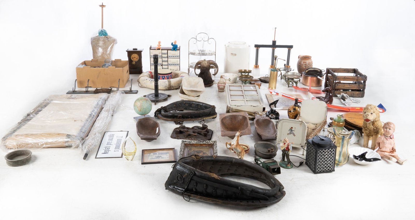 Collection of Vintage and Antique Household Items: Large collection of vintage and antique household items, to include home decor, toys, vintage scales and weights, a clock, a dress form, wall hangings, kitchenware, and other home furnishings height