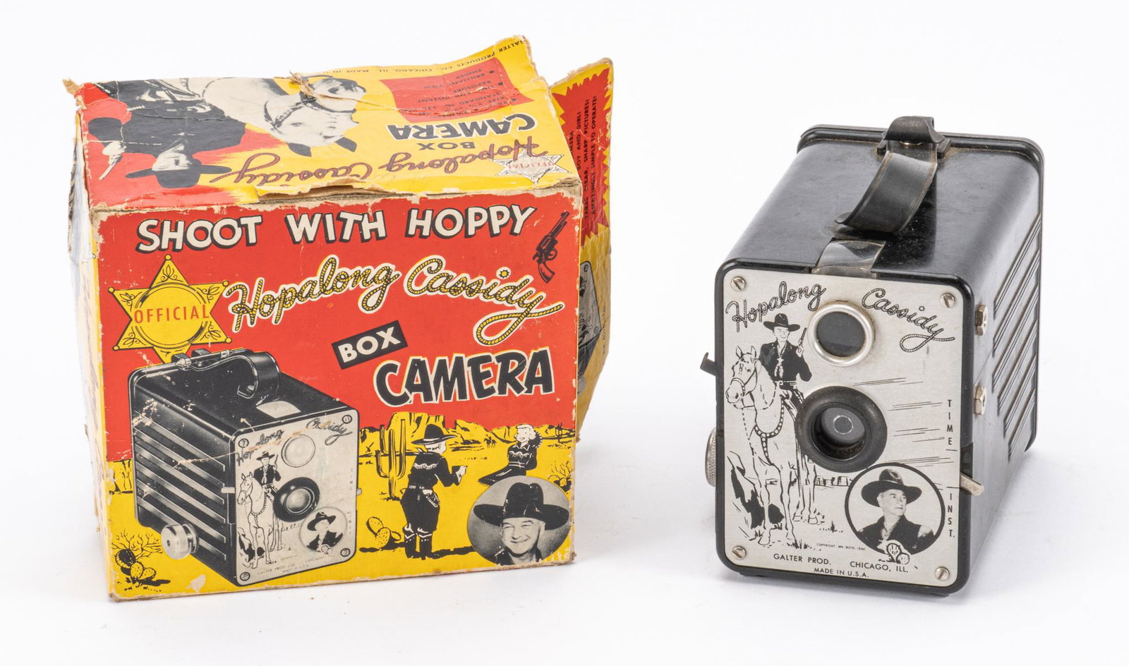 Hopalong Cassidy Camera: Novelty collectible Hopalong Cassidy (the fictional cowboy hero created in 1904 by the author Clarence E. Mulford) box camera, with original box, marked "Galter Prod. Chicago, ILL" height 5 in