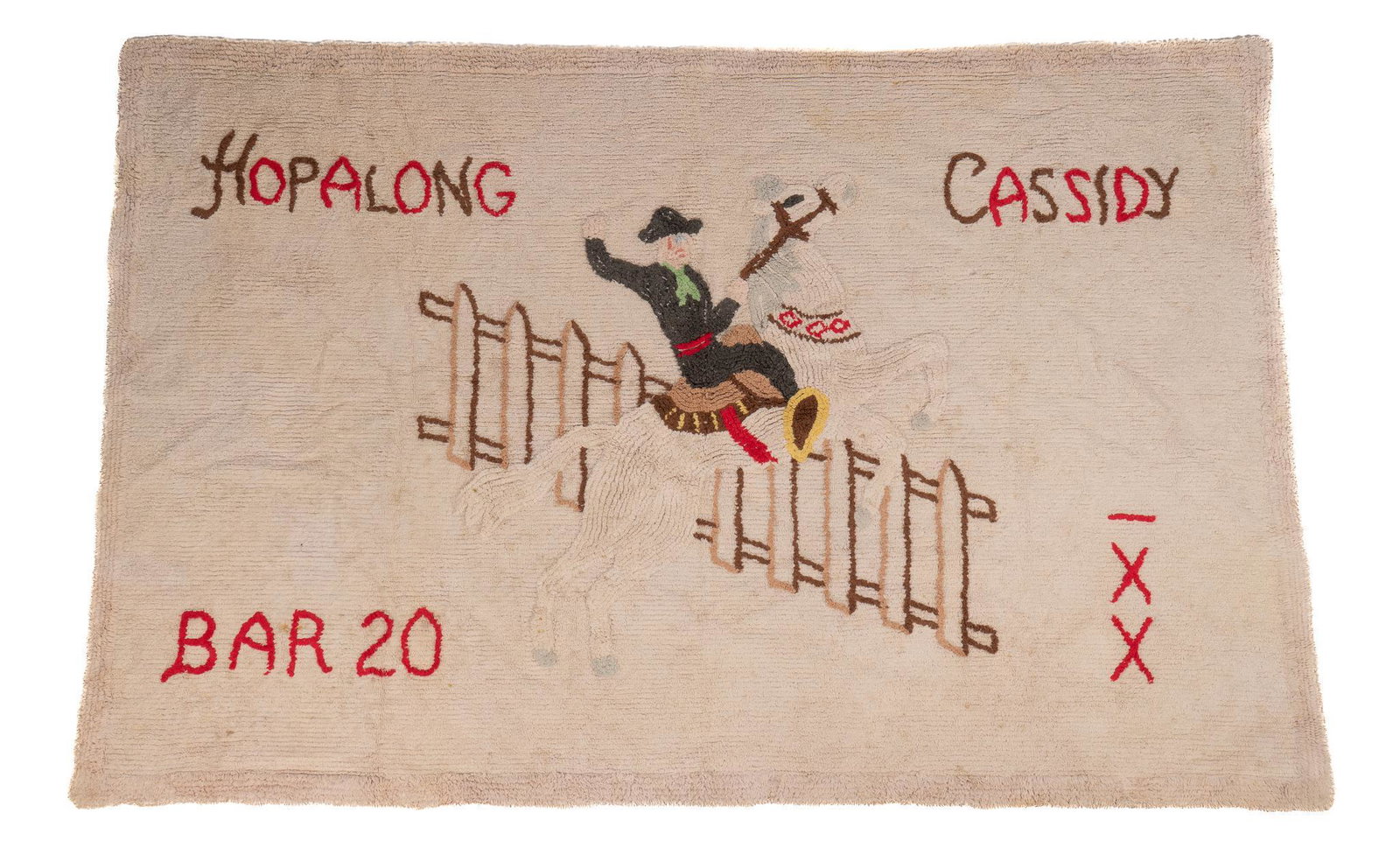 Hopalong Cassidy Large Play Rug: Large Hopalong Cassidy (the fictional cowboy hero created in 1904 by the author Clarence E. Mulford) stitched play rug, having stylized text of the character's name and "Bar 20" together w