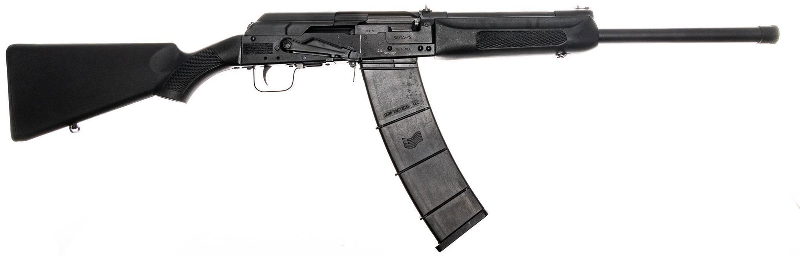 Izhmash Saiga 12-Gauge Semi-Auto Shotgun: Serial: H09423734 Manufacturer: Izhmash Arsenal, Russia Model: Saiga-12 Caliber: 12 Ga. Barrel length: 19" OAL: 41" Condition: Very Good; synthetic stock has very light handling marks; barrel 