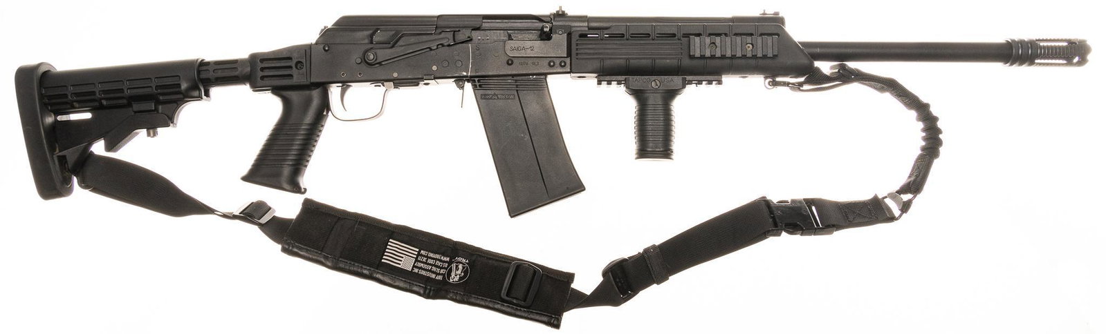 Izhmash Saiga 12-Gauge Semi-Auto Shotgun: Serial: H11401893 Manufacturer: Izhmash, Russia/ Legion USA Inc. import (c. 2011) Model: Saiga-12 Caliber: 12 Ga. Barrel length: 21" w/ compensator OAL: 40.5" Condition: Good; polymer stock ha