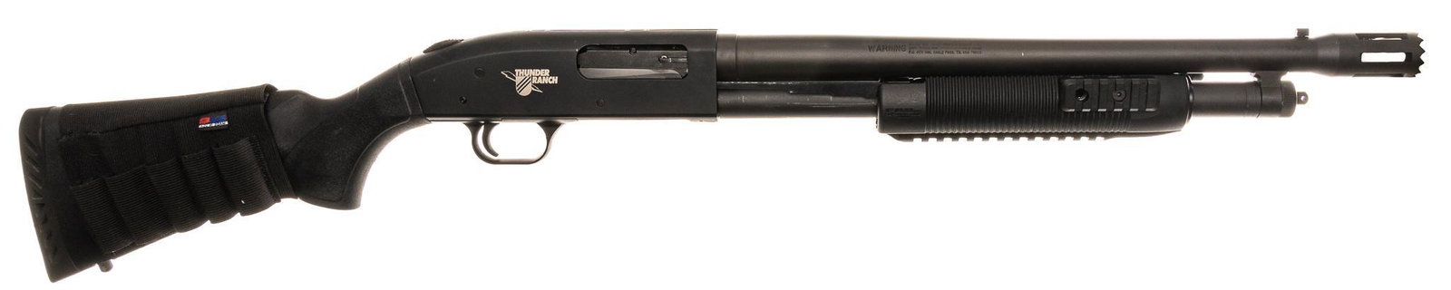 Mossberg 500 Thunder Ranch 12-Gauge Pump-Action Shotgun: Serial: T971541 Manufacturer: Mossberg Model: 500 Thunder Ranch Caliber: 12 Ga. (2.75" or 3") Barrel length: 18.75" (cylinder bore) OAL: 37.5" Condition: Very Good; synthetic stock has