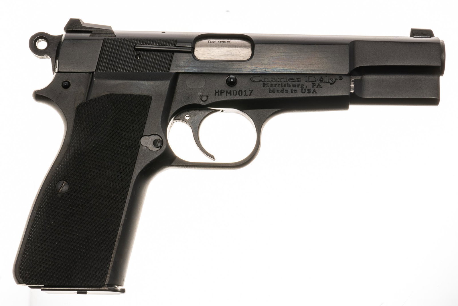 Charles Daly Hi-Power 9mm Semi-Auto Pistol: Serial: HPM0017 Manufacturer: Charles Daly Model: Field HP Hi-Power Caliber: 9mm Barrel length: 4.75" OAL: 8" Condition: Very Good; hard rubber grips have crisp checkering w/ light wear; slide