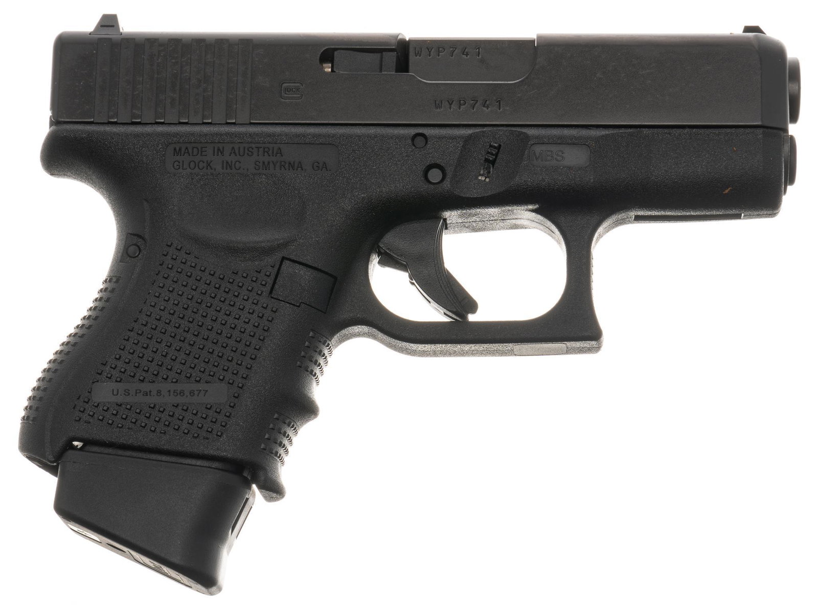 Glock 26 Gen 4 9mm Semi-Auto Pistol: Serial: WYP741 Manufacturer: Glock Inc. Model: 26 Gen 4 Caliber: 9mm Barrel length: 3.4" OAL: 6.5" Condition: Excellent; the frame and slide show no wear or handling marks; the bore is excelle