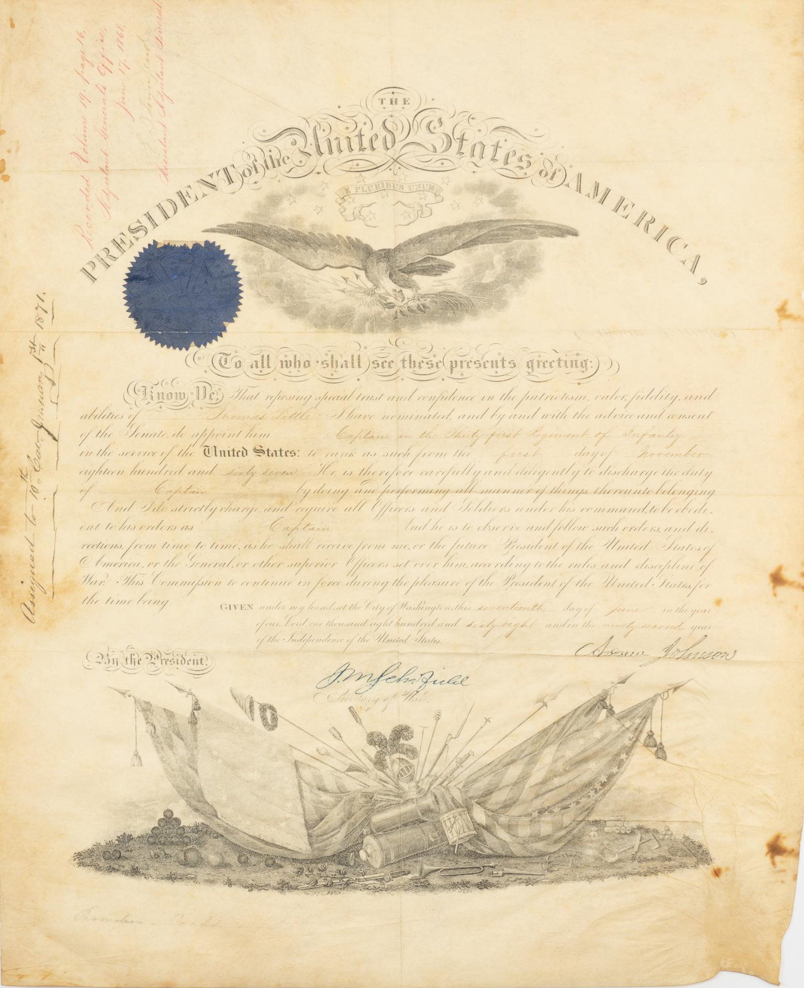 Andrew Johnson Signed Promotional Document for Capt. Thomas Little, 1867: Andrew Johnson, John M. Schofield signed promotional document, 1867, to Thomas Little of the 31st Infantry to Captain, size: 19.25 x 15.75" -original promotional document on heavy paper -original war 