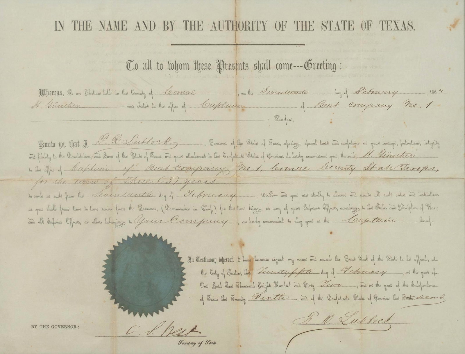 1862 Heinrich Guenther, New Braunfels, Comal County Confederate Promotion Document: Confederate promotion document for Heinrich Guenther, New Braunfels, Comal County, Texas, February 17, 1862, document sight size: 12.5 x 16", frame: -document appoints H. Guenther as Captain of Bear C