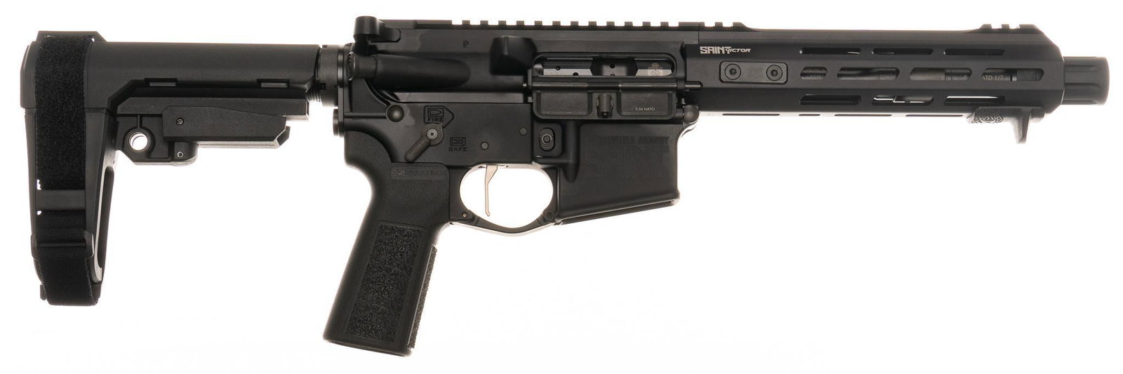 Springfield Armory Saint Victor 5.56x45mm Semi-Auto AR Pistol: Serial: ST 419642 Manufacturer: Springfield Armory Model: Saint Victor Caliber: 5.56x45mm Barrel length: 9.5" (1:7 twist ratio) OAL: 26.5" Condition: Very Good; stock has very light handling m