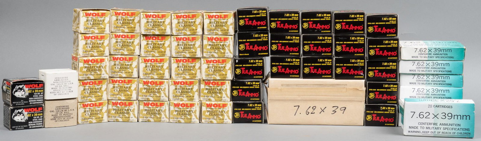 1060 Rounds of 7.62X39 Ammunition: Includes: -380 rds of Tulammo 7.62x39, 122gr HP -180 rds of Chinese (pre Norinco) 7.62x39 FMJ -160 rds of Russian 7.62x39, 123gr FMJ (120 in sealed pack) -300 rds of Wolf Military Classic 7.62X39, 124