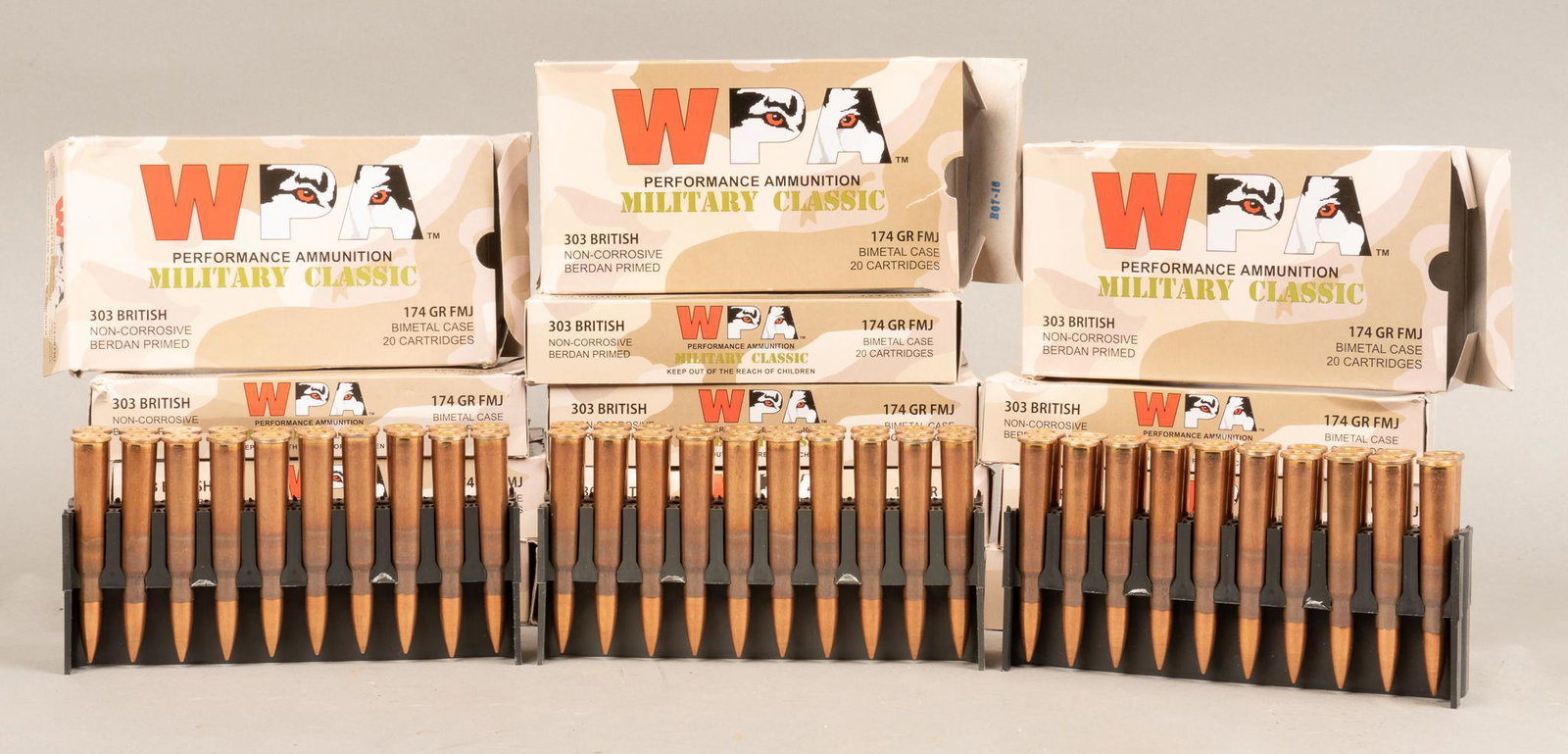 260 Rounds of WPA .303 British Ammunition: Includes: -13 boxes of 174gr. FMJ Bimetal case €â€¹€â€¹€â€¹€â€¹ Provenance: A San Antonio, Texas estate We will happily provide seamless shipping services on this l