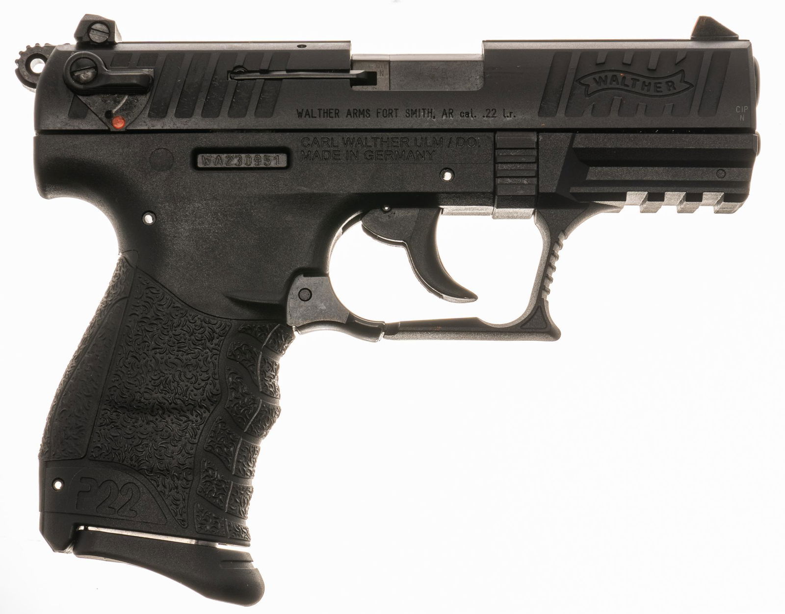 Walther P22 .22LR Semi-Auto Pistol: Serial: WA230951 Manufacturer: Carl Walther Ulm/Do, Germany / Walther Arms USA Model: P22 Caliber: .22LR Barrel length: 3.5" OAL: 6.25" Condition: Very Good; polymer frame has very light handl
